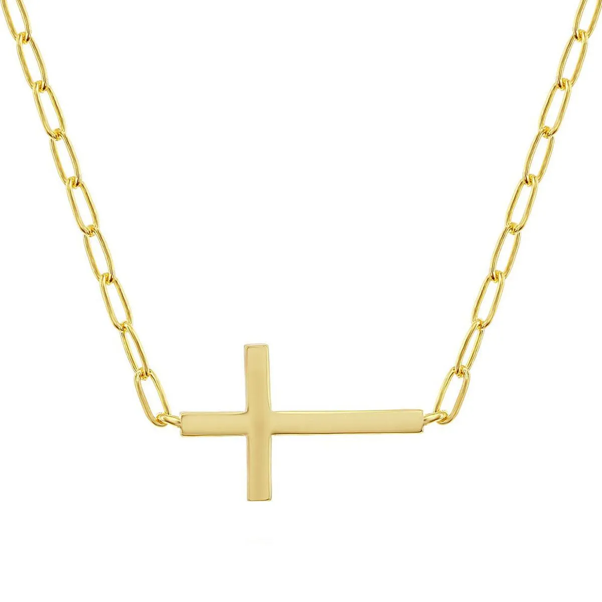Classic Women's Necklace - GP Sterling Silver CZ Sideways Cross Paperclip | M-6977-GP