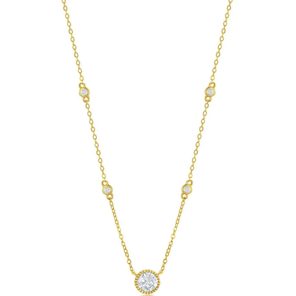 Classic Women's Necklace - GP Sterling Silver Round CZ Station | M-6886-GP