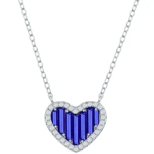 Classic Women's Necklace - Sterling Silver Blue Round and Baguette CZ Heart | M-6781