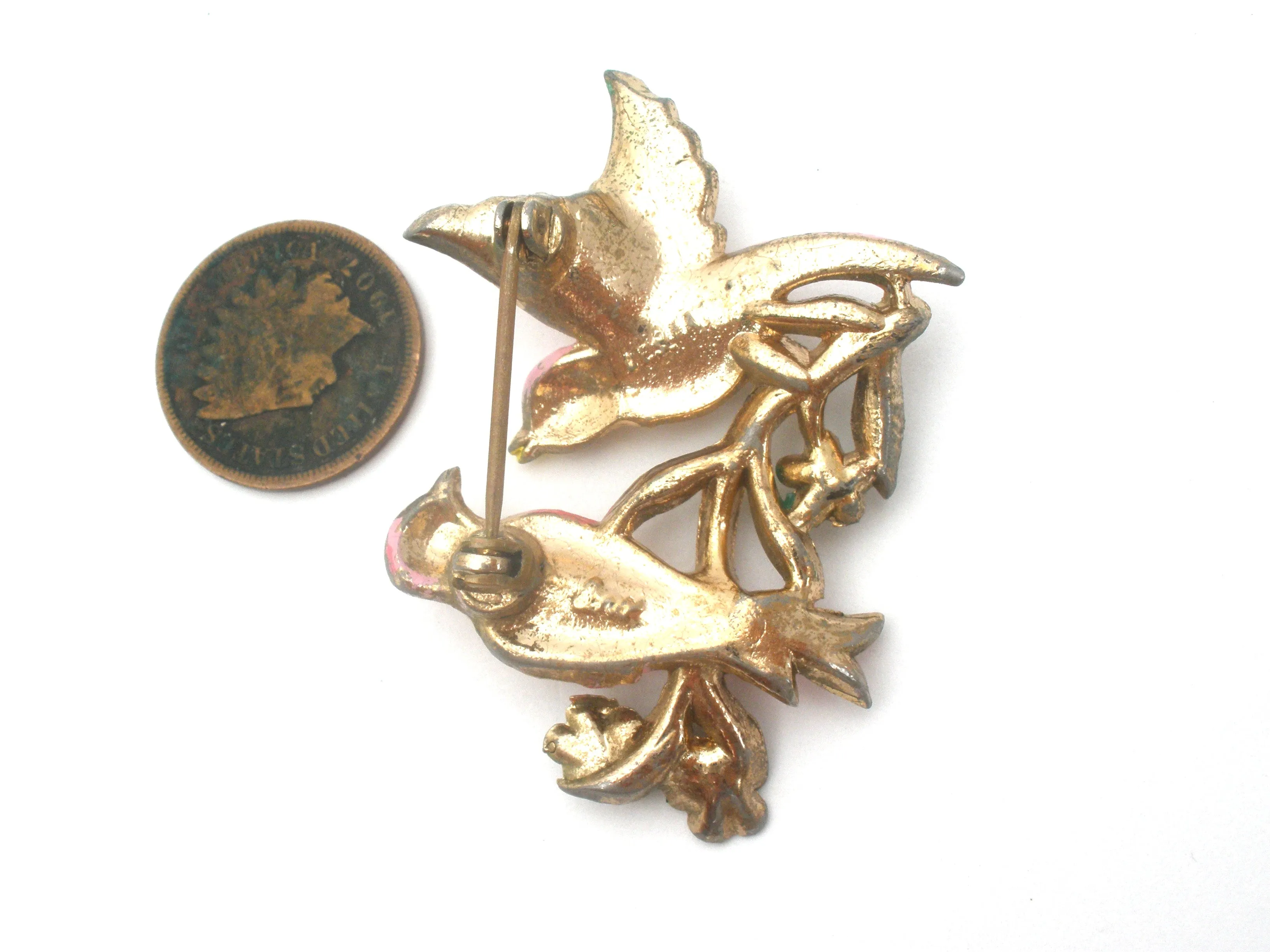 Coro Enameled Jelly Belly Birds Brooch