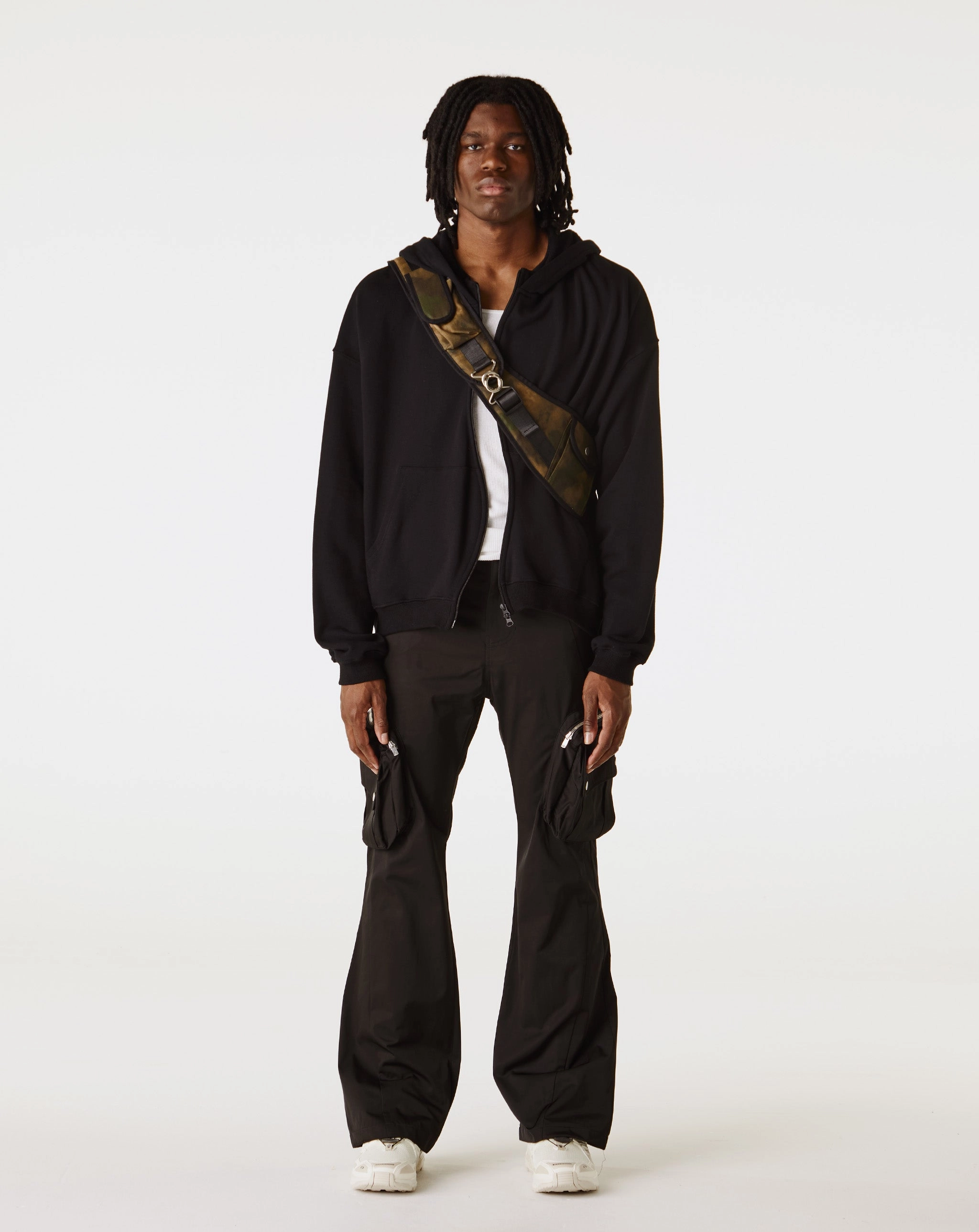 Curved Zip-Up Round Hem Damaged Hoodie