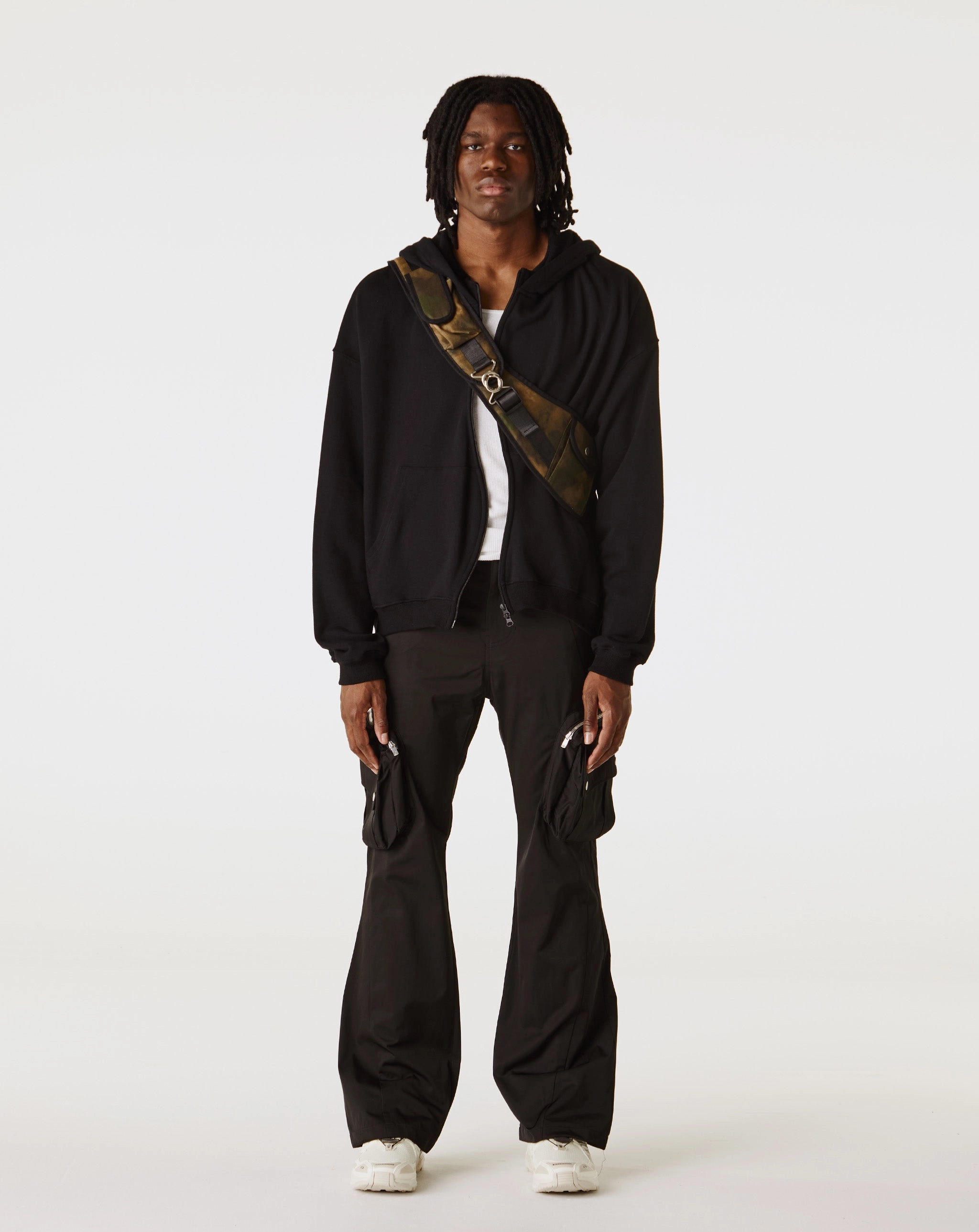 Curved Zip-Up Round Hem Damaged Hoodie