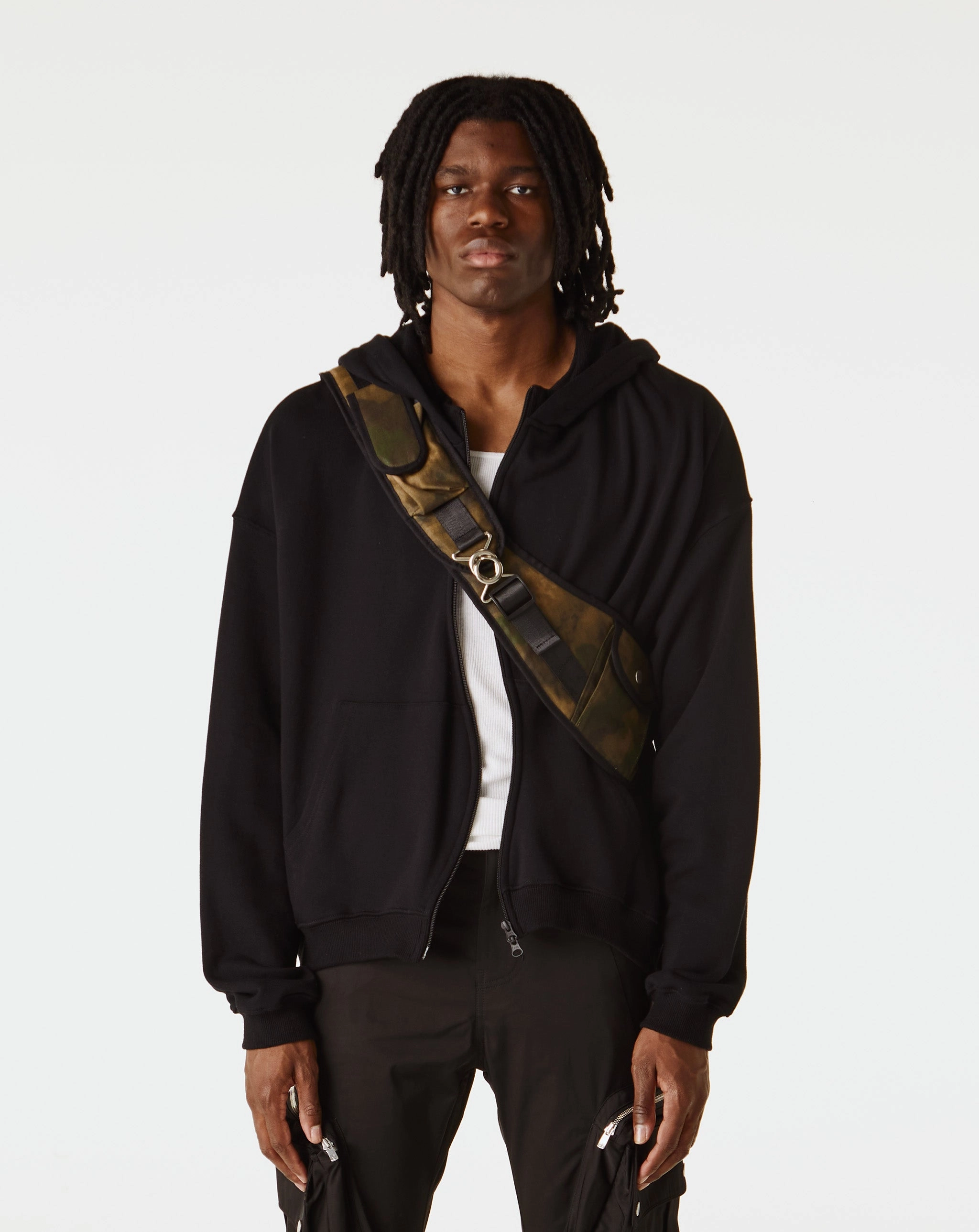Curved Zip-Up Round Hem Damaged Hoodie