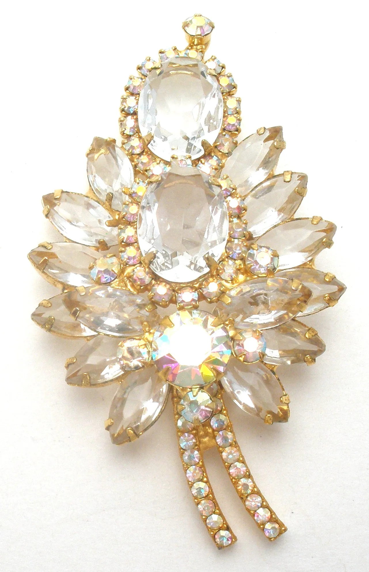 D & E Juliana Leaf Brooch & Earrings Clear & Ab Rhinestone Set