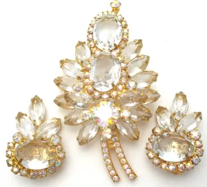 D & E Juliana Leaf Brooch & Earrings Clear & Ab Rhinestone Set