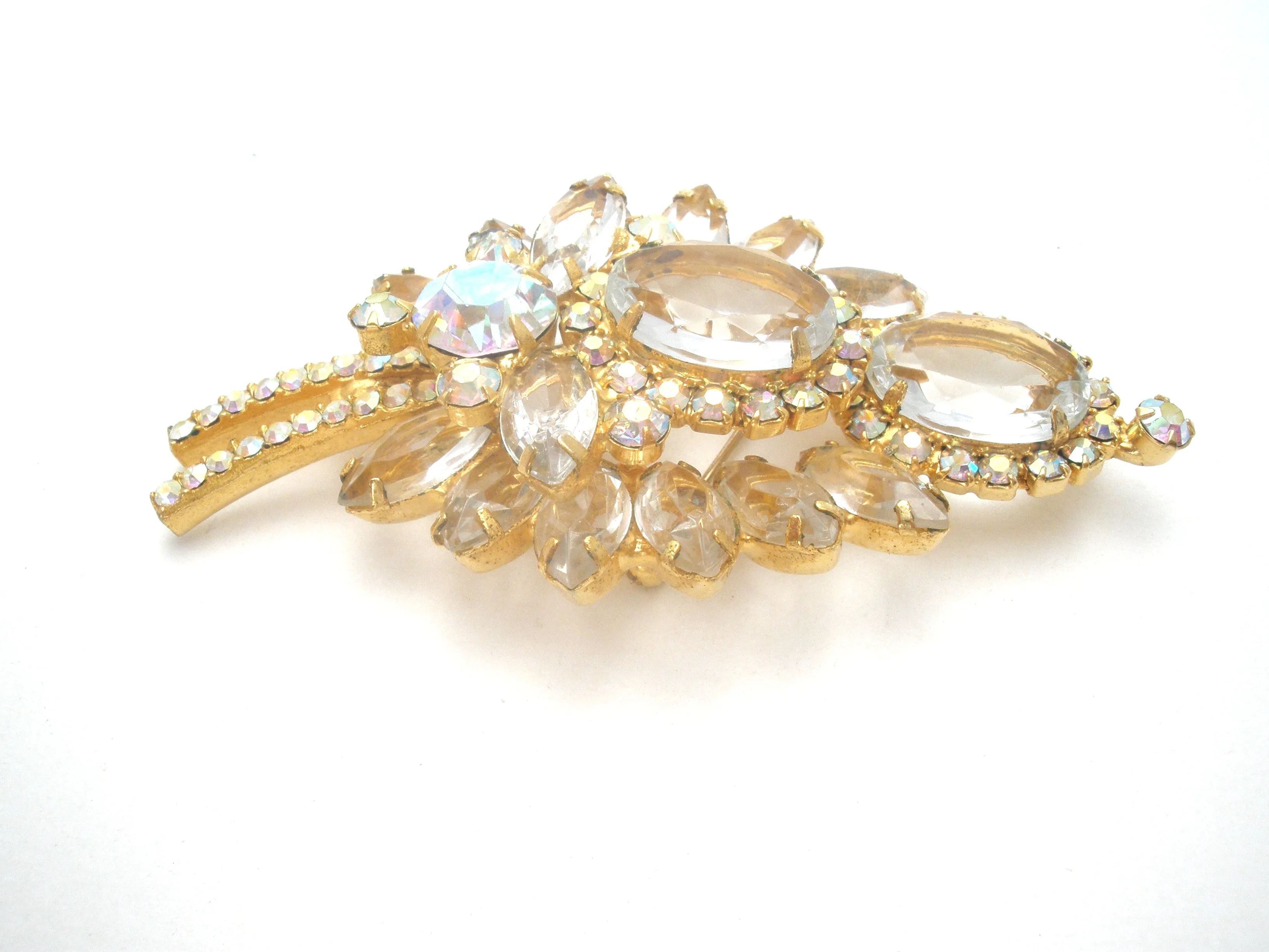 D & E Juliana Leaf Brooch & Earrings Clear & Ab Rhinestone Set