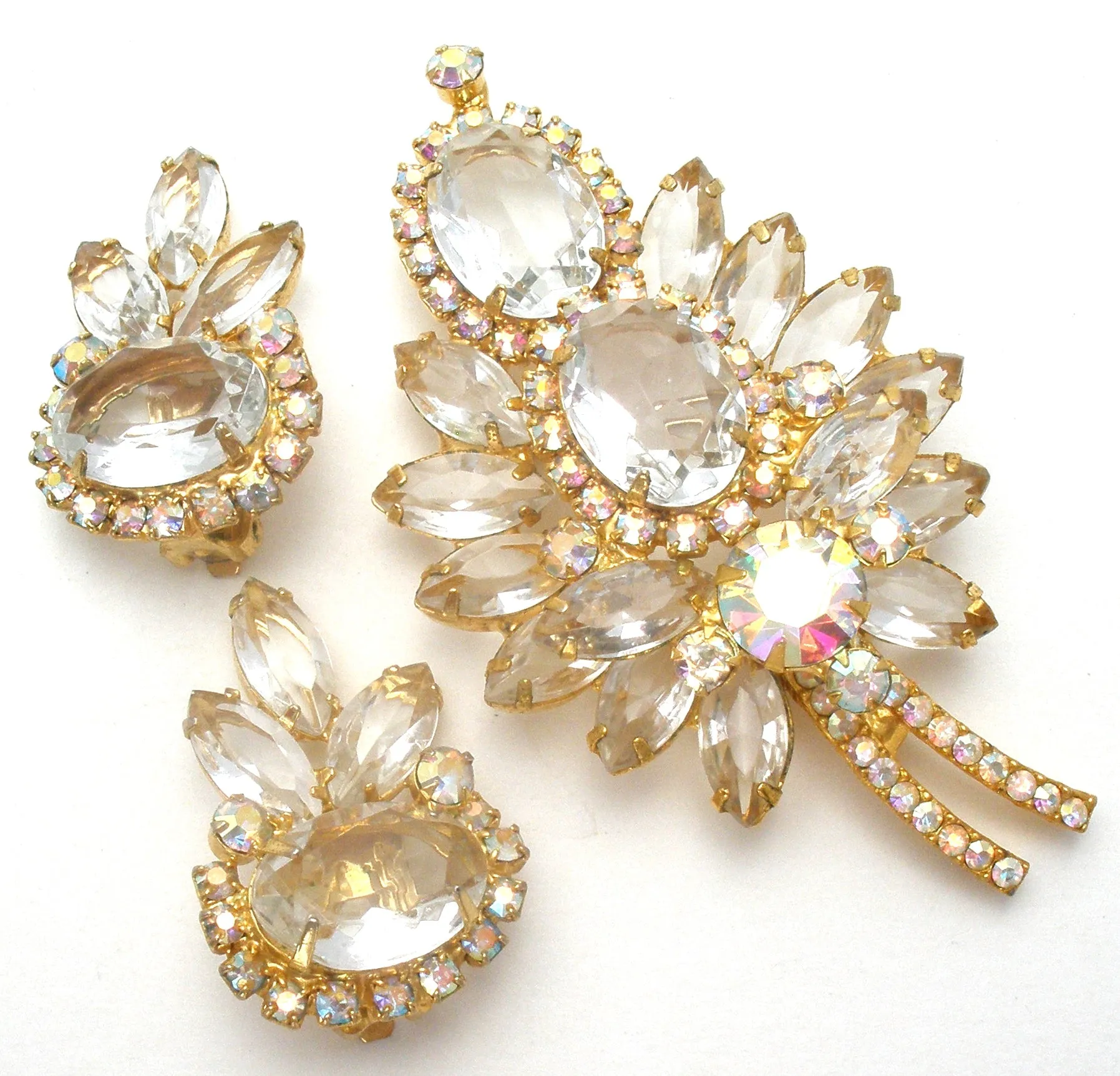 D & E Juliana Leaf Brooch & Earrings Clear & Ab Rhinestone Set