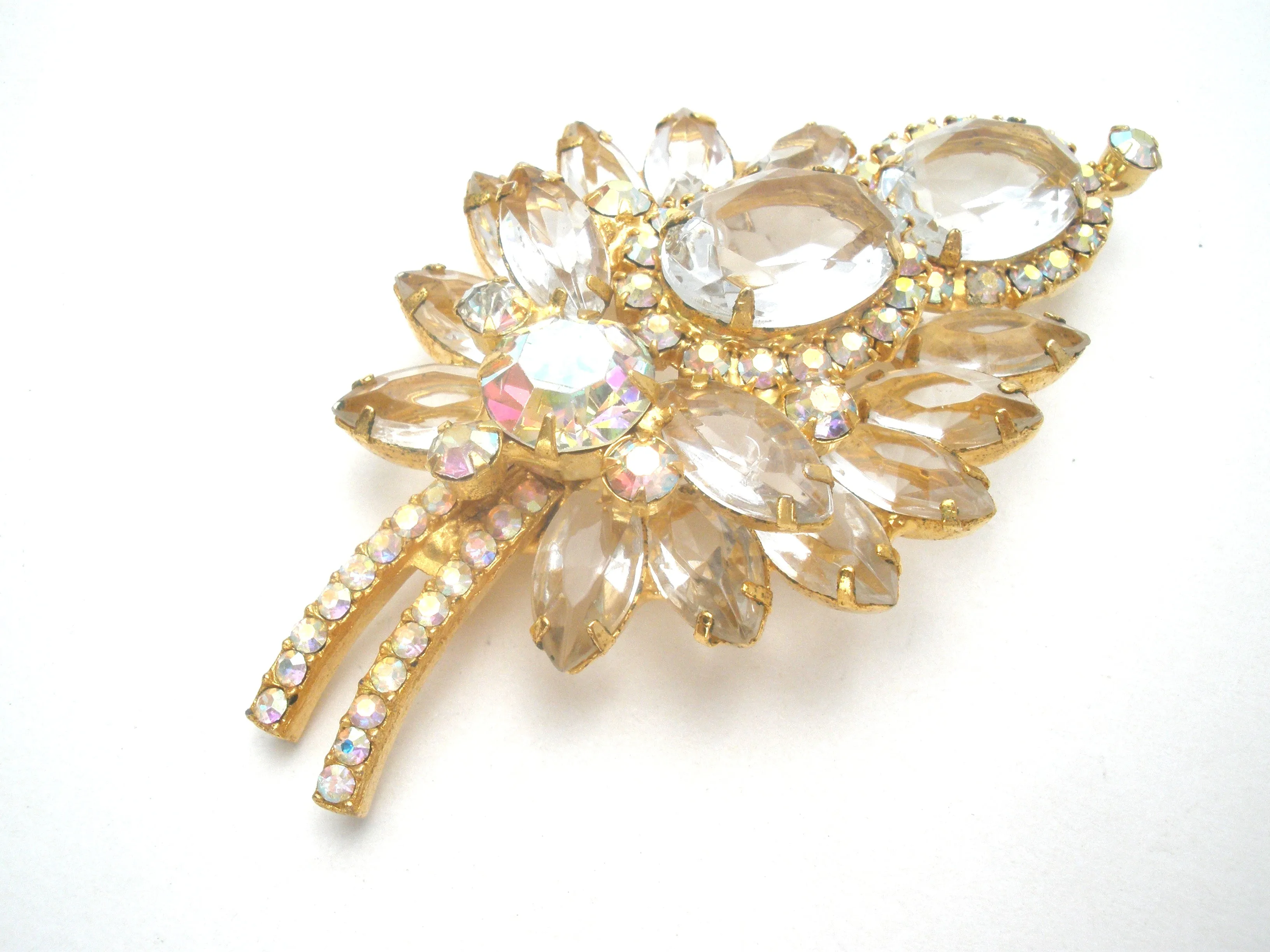 D & E Juliana Leaf Brooch & Earrings Clear & Ab Rhinestone Set