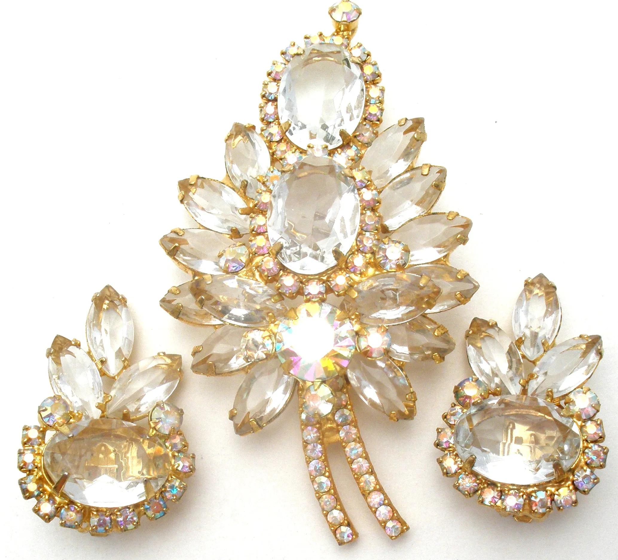 D & E Juliana Leaf Brooch & Earrings Clear & Ab Rhinestone Set