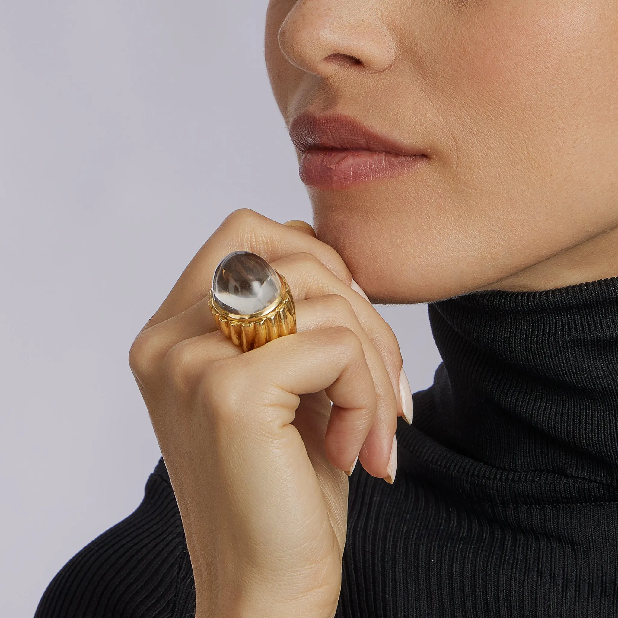 David Webb Rock Crystal and Hammered Gold Bomb Ring