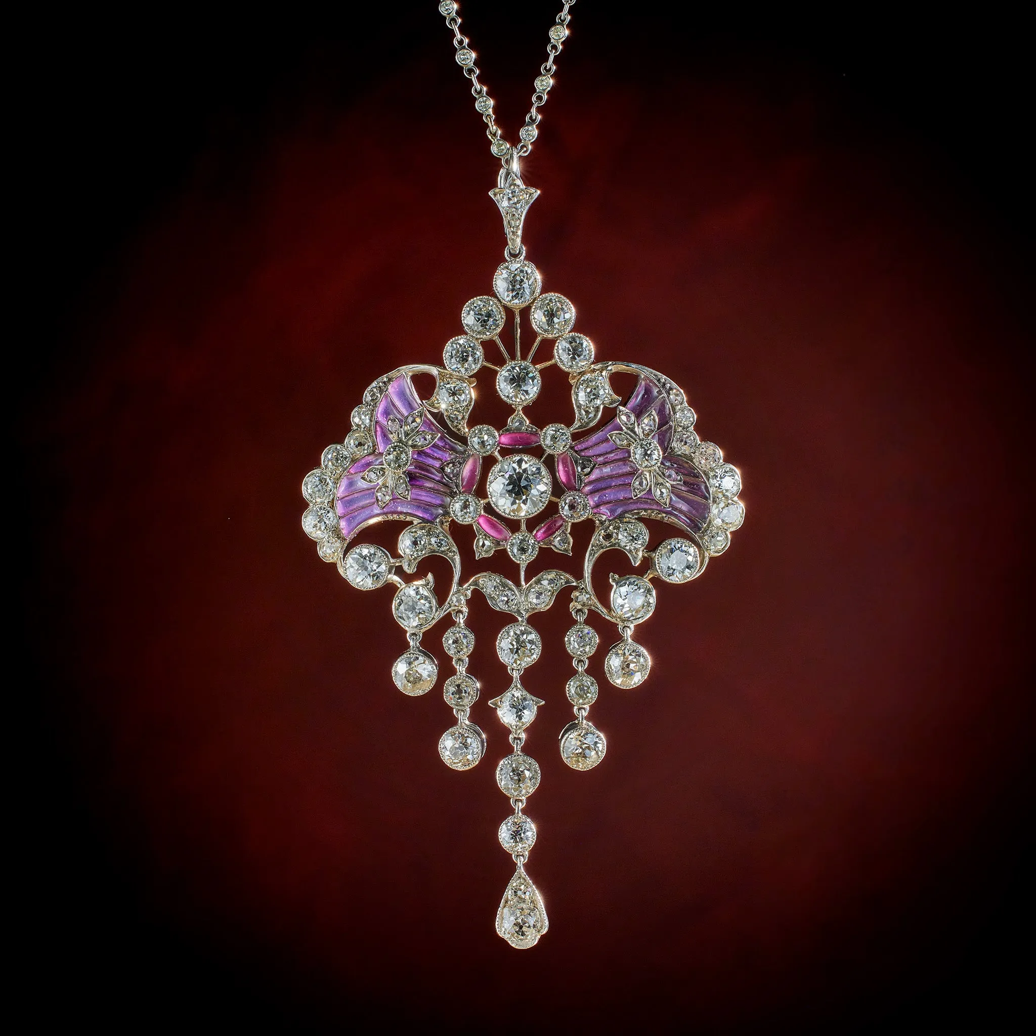 Edwardian Diamond and Plique--jour Enamel Pendant Necklace