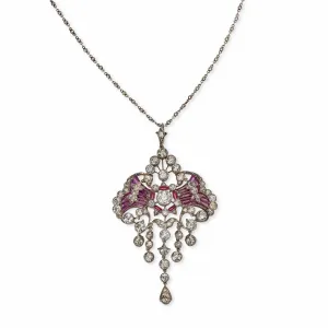 Edwardian Diamond and Plique--jour Enamel Pendant Necklace