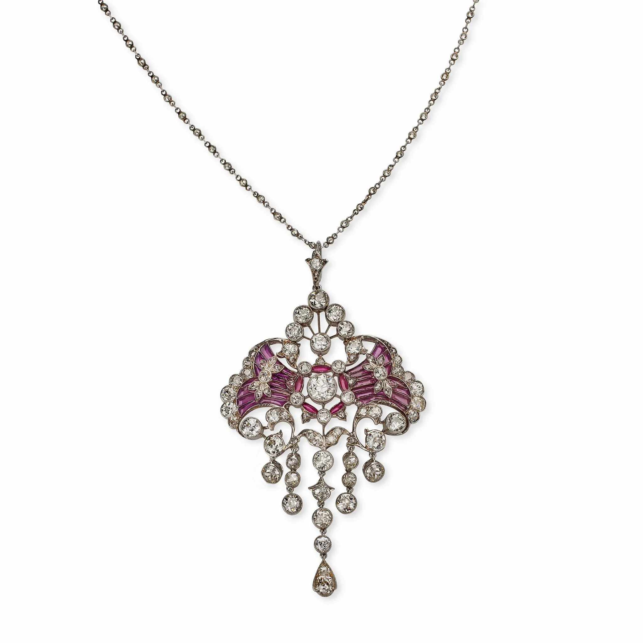 Edwardian Diamond and Plique--jour Enamel Pendant Necklace
