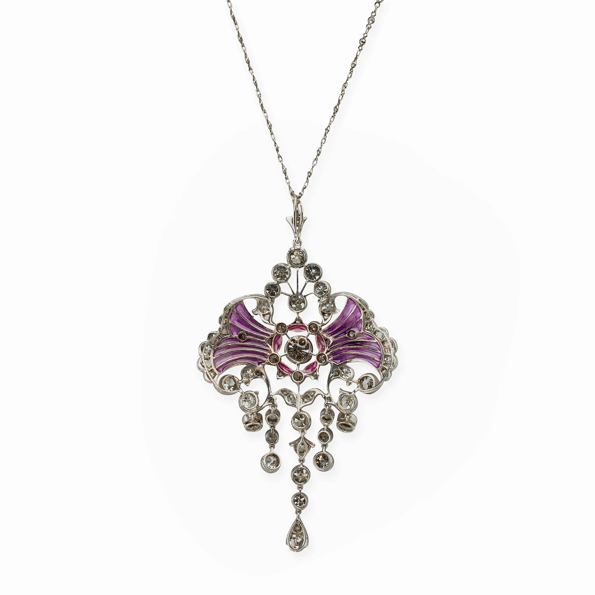 Edwardian Diamond and Plique--jour Enamel Pendant Necklace