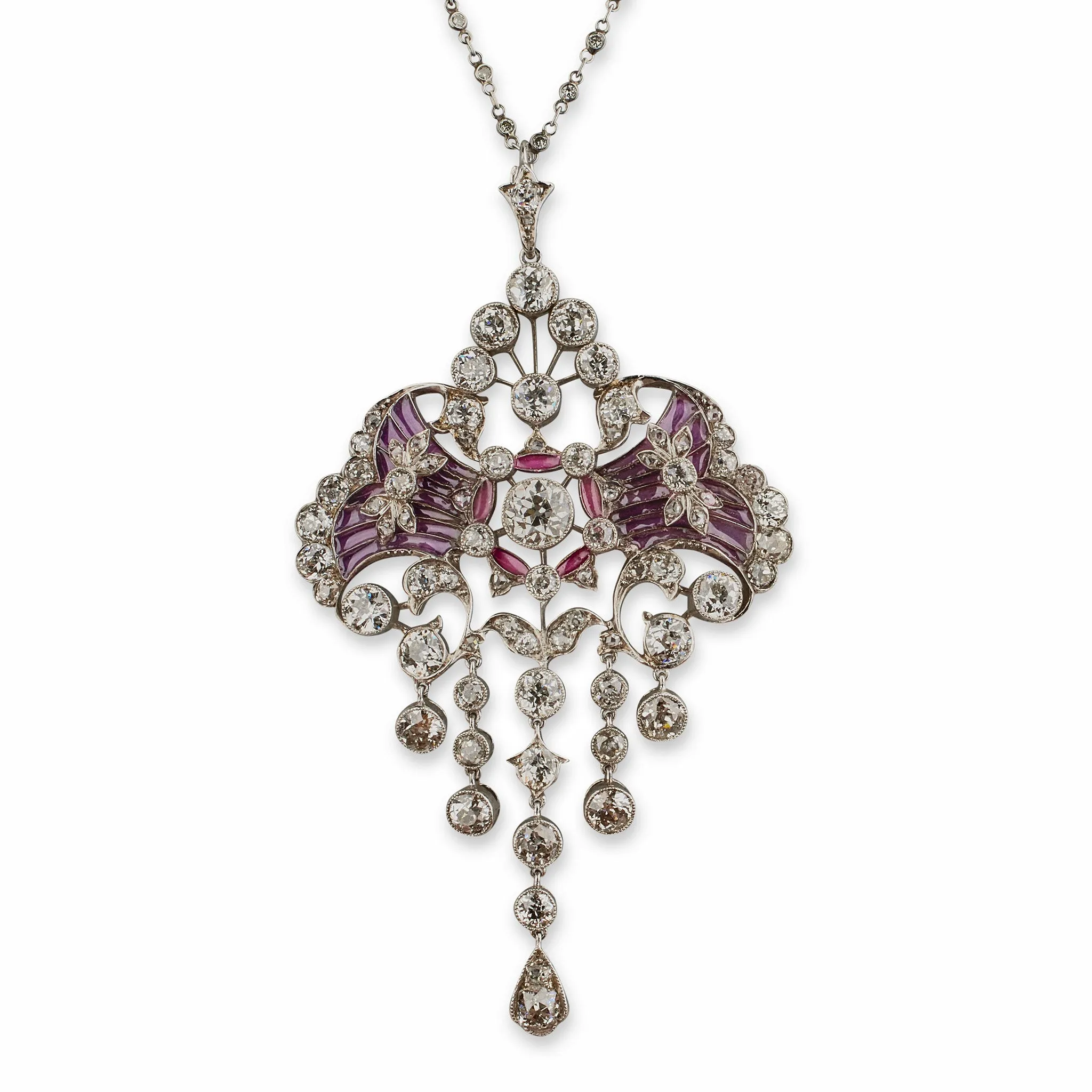 Edwardian Diamond and Plique--jour Enamel Pendant Necklace