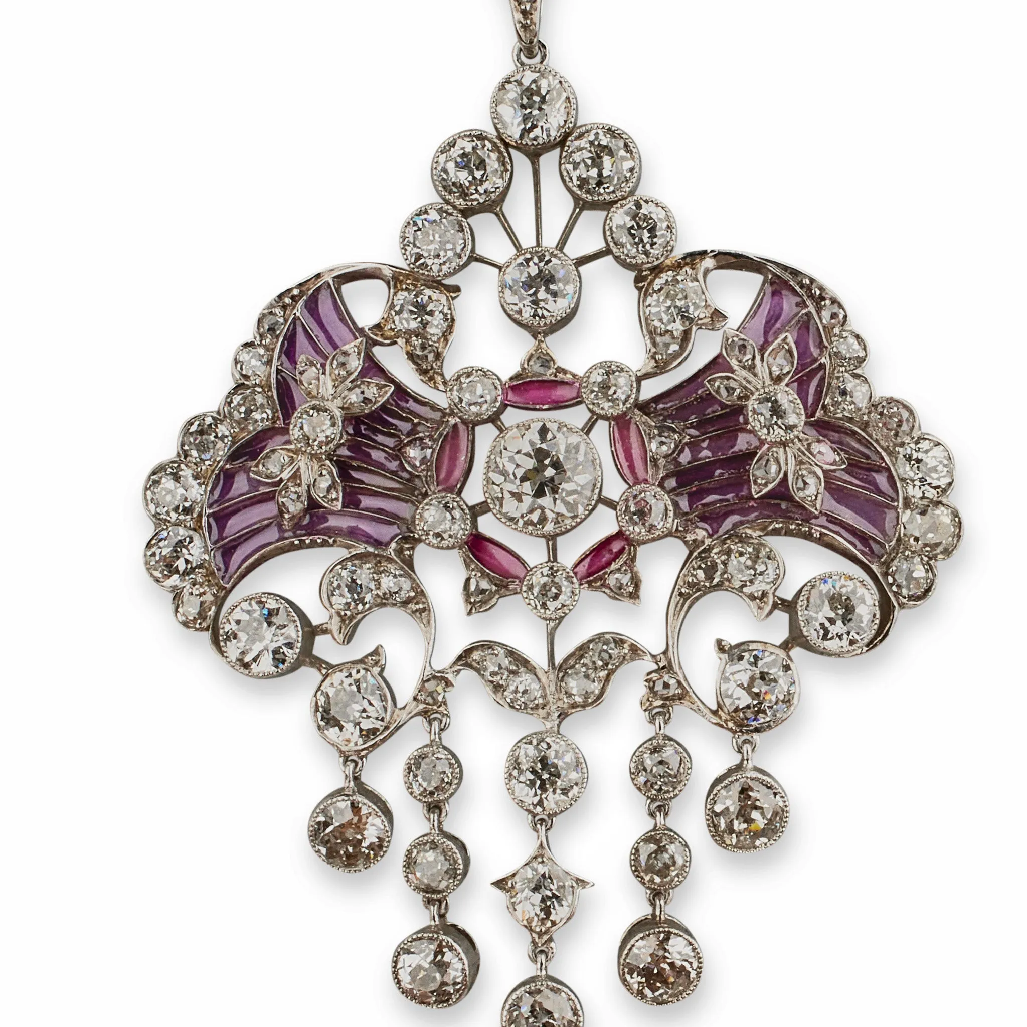 Edwardian Diamond and Plique--jour Enamel Pendant Necklace