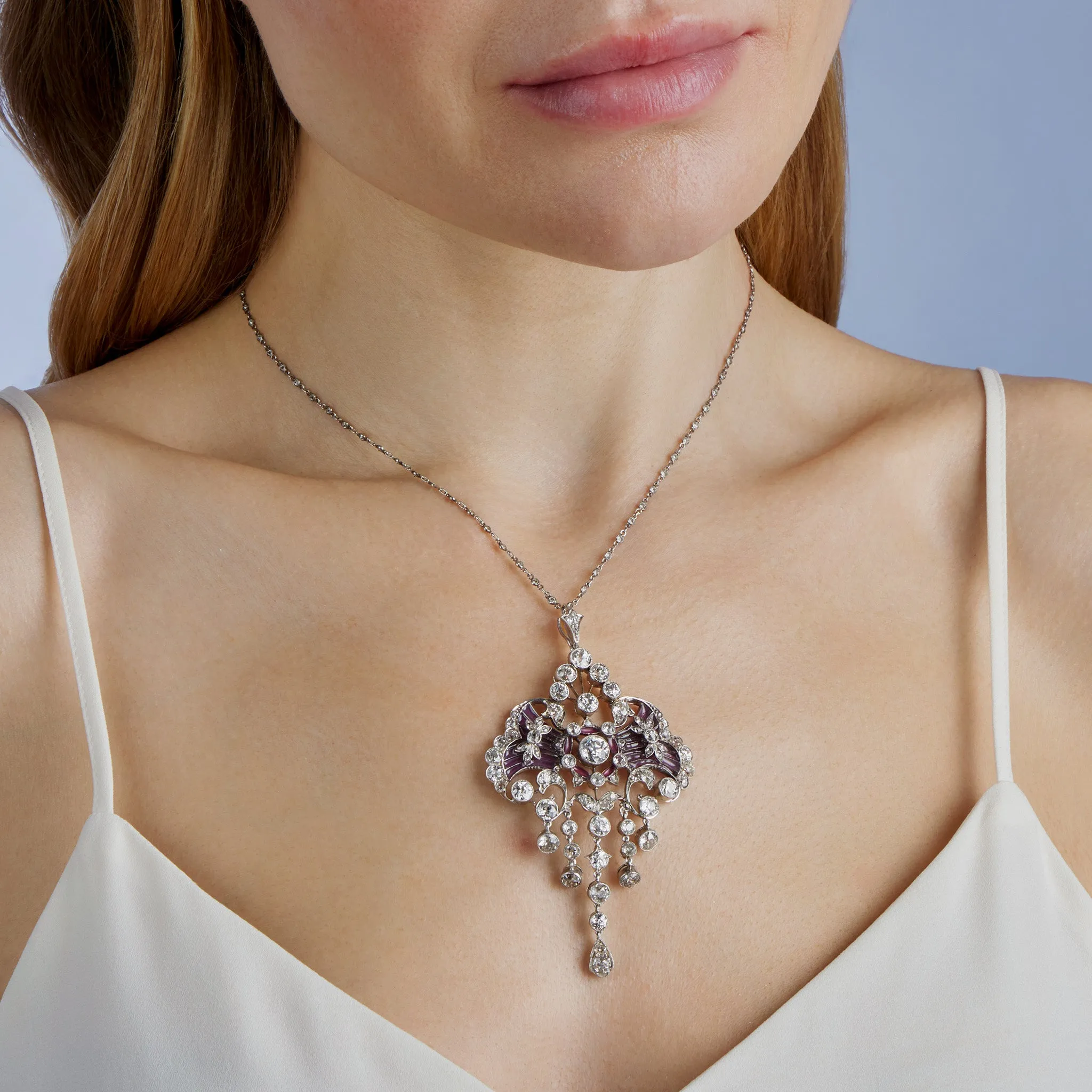 Edwardian Diamond and Plique--jour Enamel Pendant Necklace