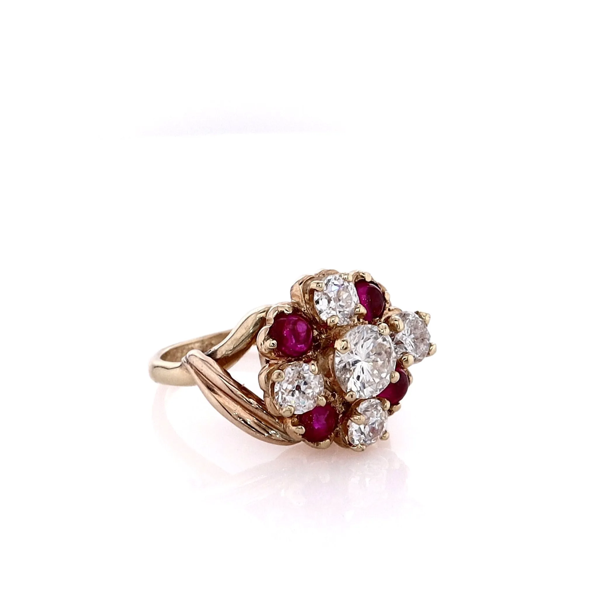 Estate 14k Yellow Gold Cabochon Rubies Round Brilliant Cut and Old European Cut Diamond Ring