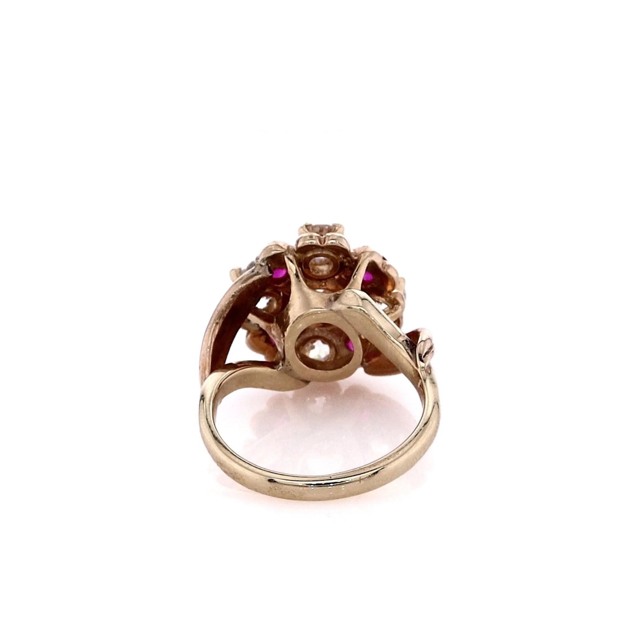 Estate 14k Yellow Gold Cabochon Rubies Round Brilliant Cut and Old European Cut Diamond Ring