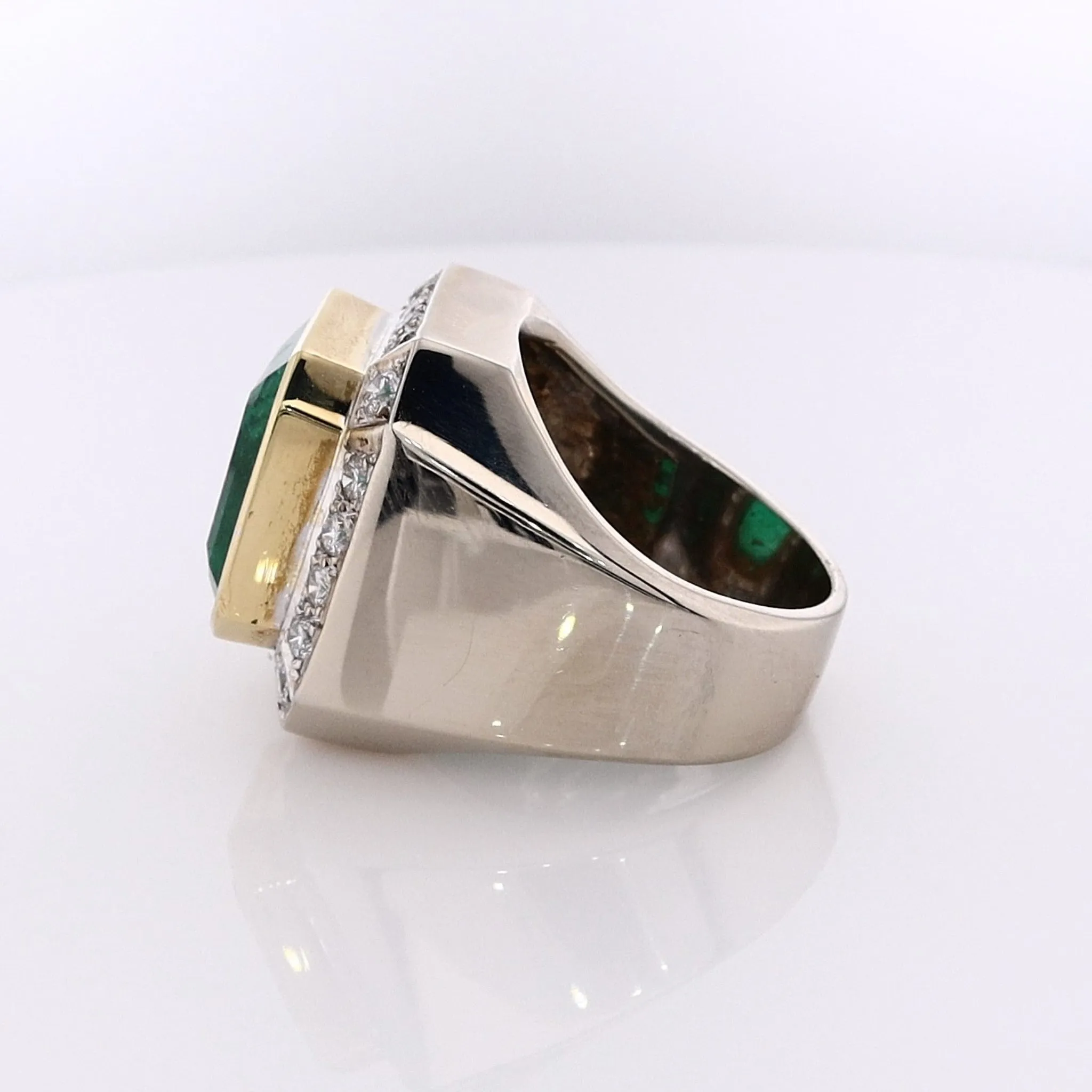Estate 18 Karat Two-Tone Emerald Ring With Diamond Surround