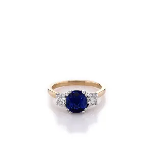 Estate 18k Yellow Gold 3 Stone Sapphire and Diamond Ring