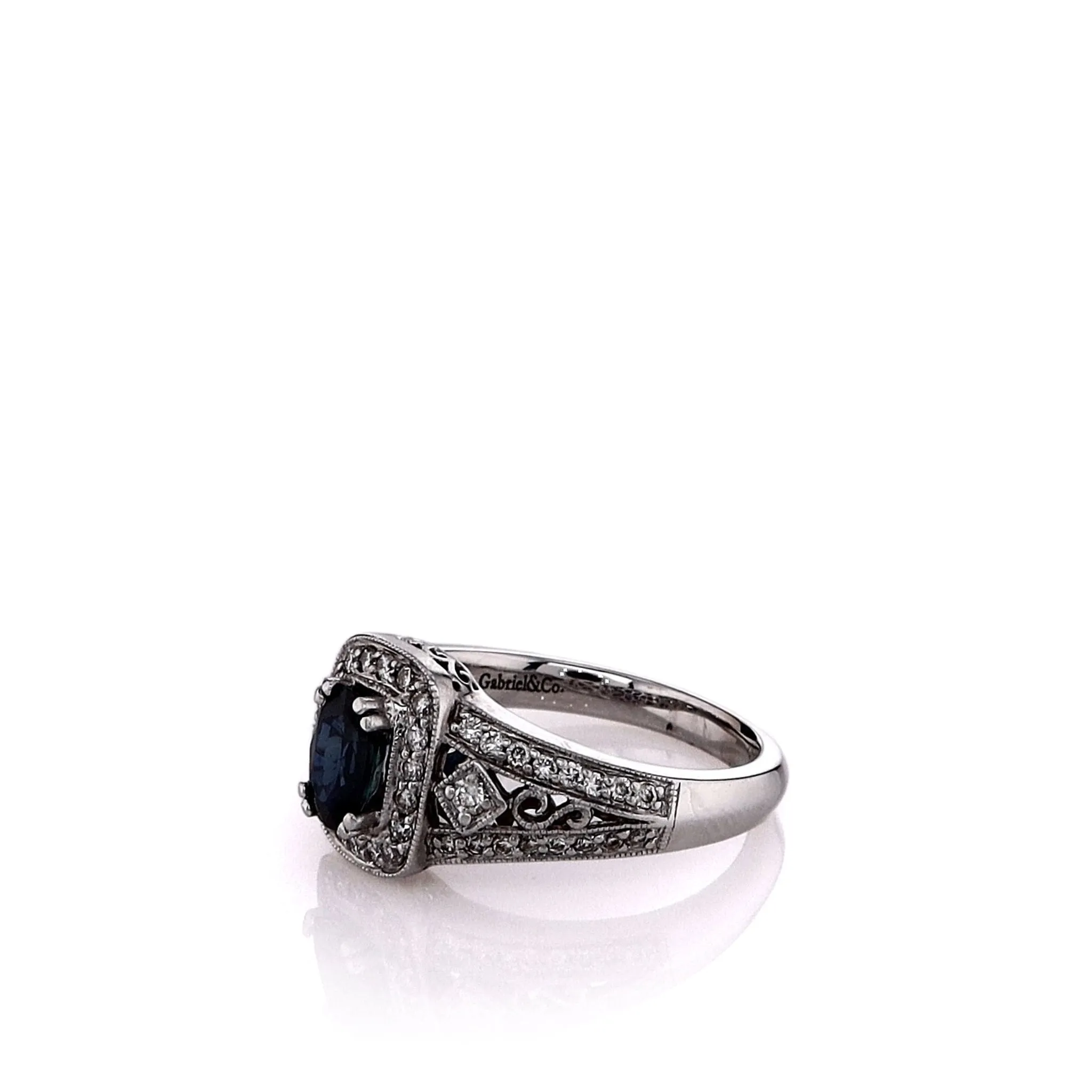 Estate Gabriel And Co 14k White Gold Sapphire and Diamond Halo Split Shank Ring