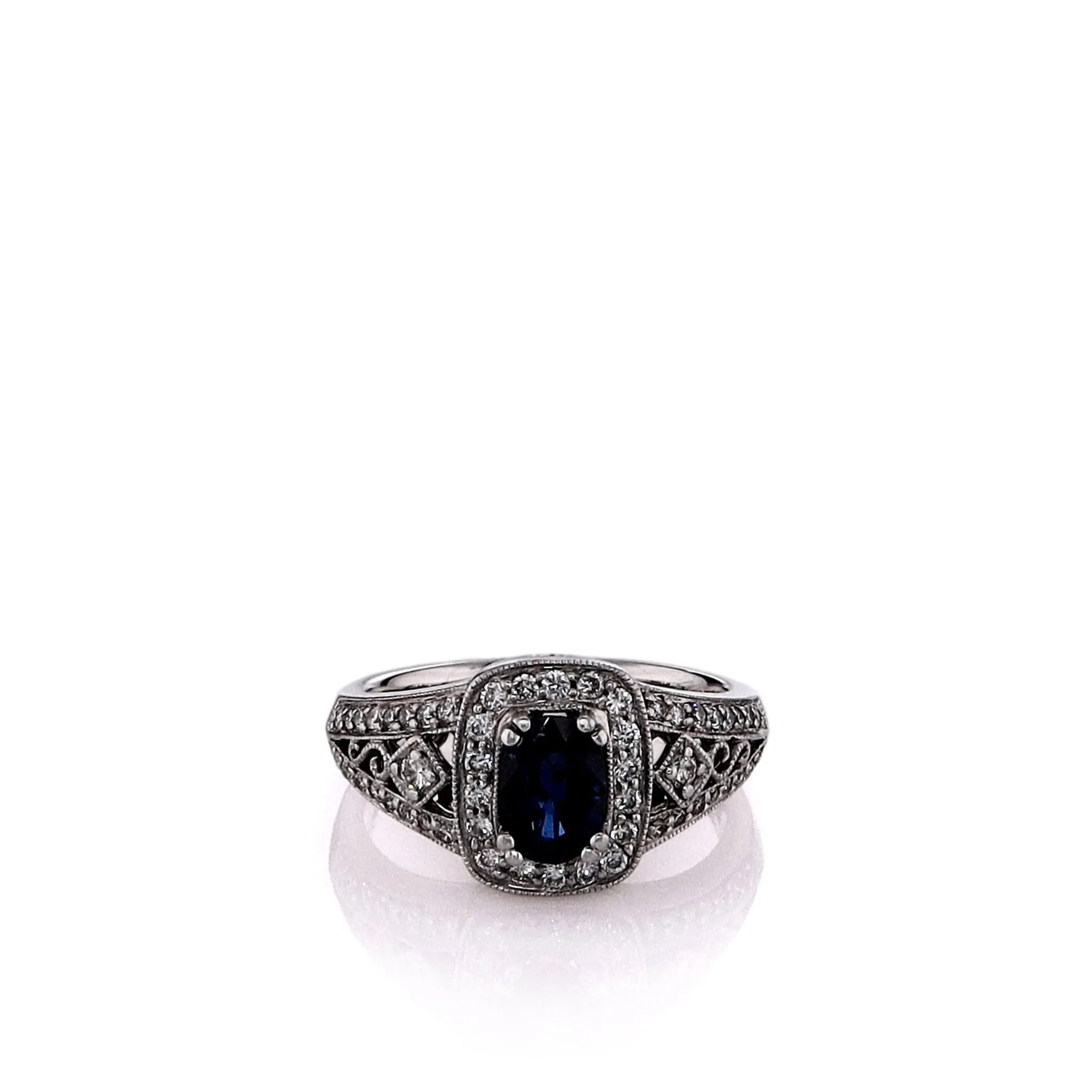 Estate Gabriel And Co 14k White Gold Sapphire and Diamond Halo Split Shank Ring