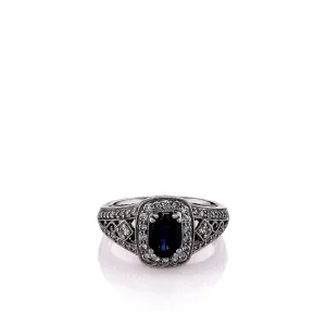 Estate Gabriel And Co 14k White Gold Sapphire and Diamond Halo Split Shank Ring