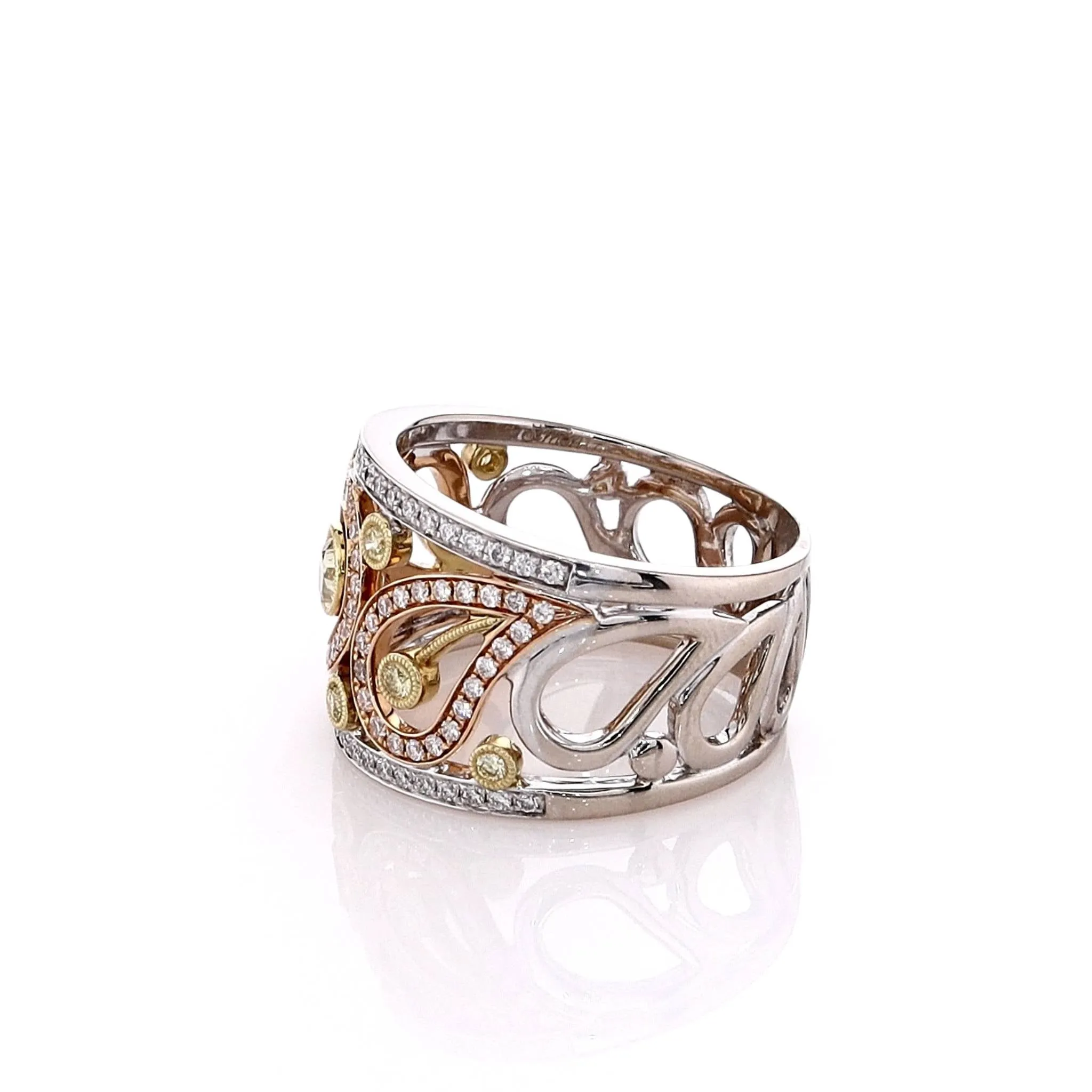 Estate Simon G 18k Tri Tone Paisley Design Yellow and White Diamond Ring