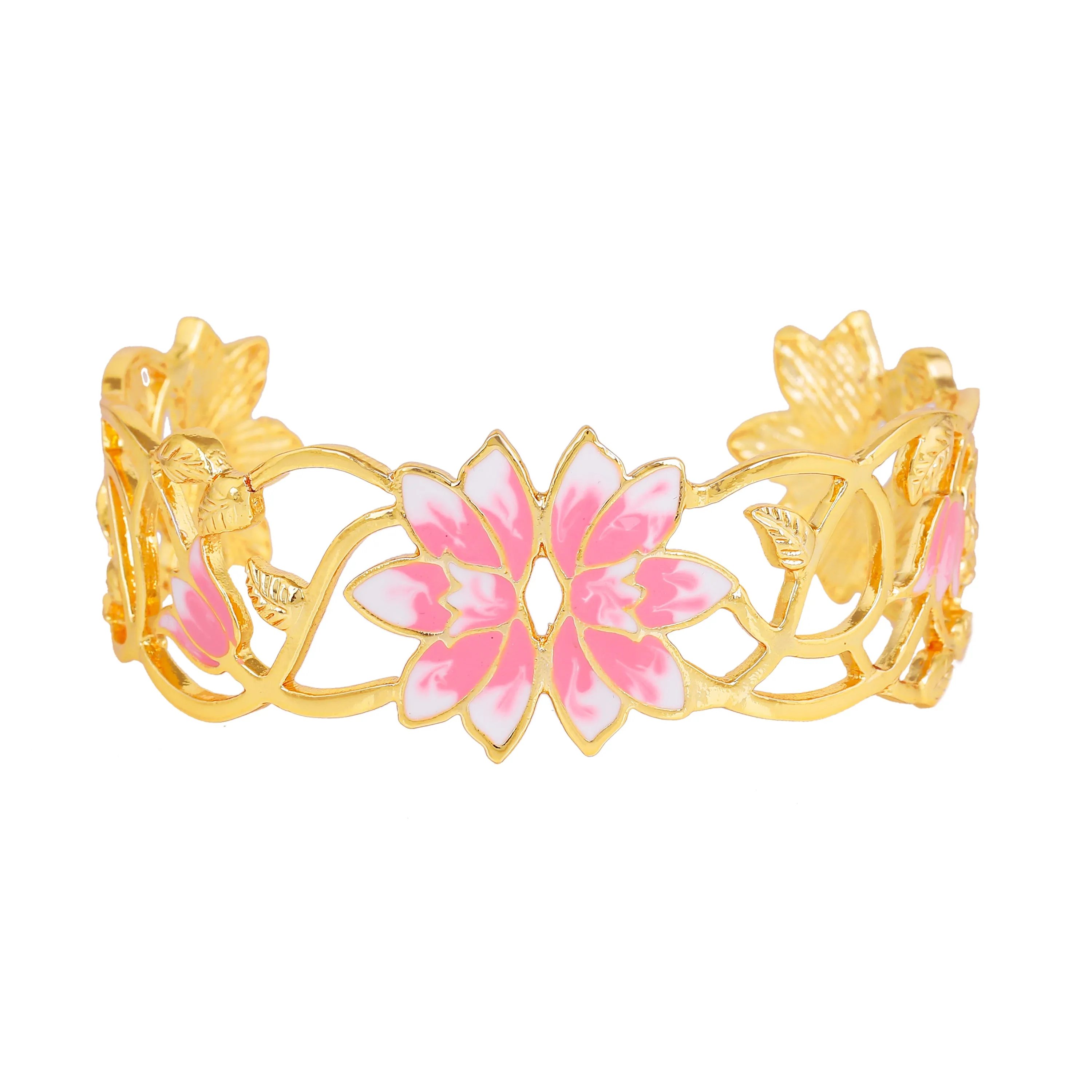 Estele Gold Plated Fascinating Lotus Designer Cuff Bracelet with Pink Enamel for Girl's & Women