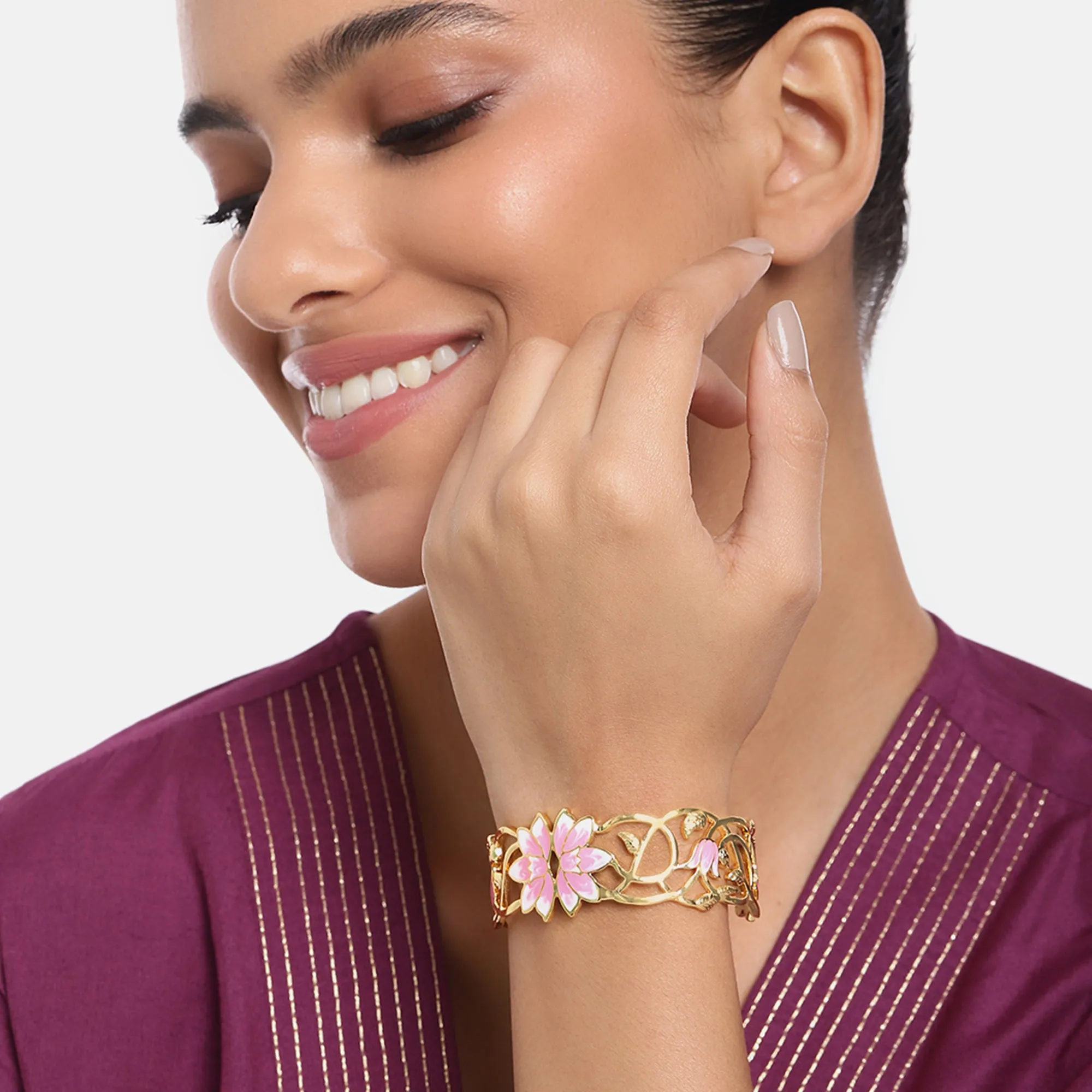 Estele Gold Plated Fascinating Lotus Designer Cuff Bracelet with Pink Enamel for Girl's & Women