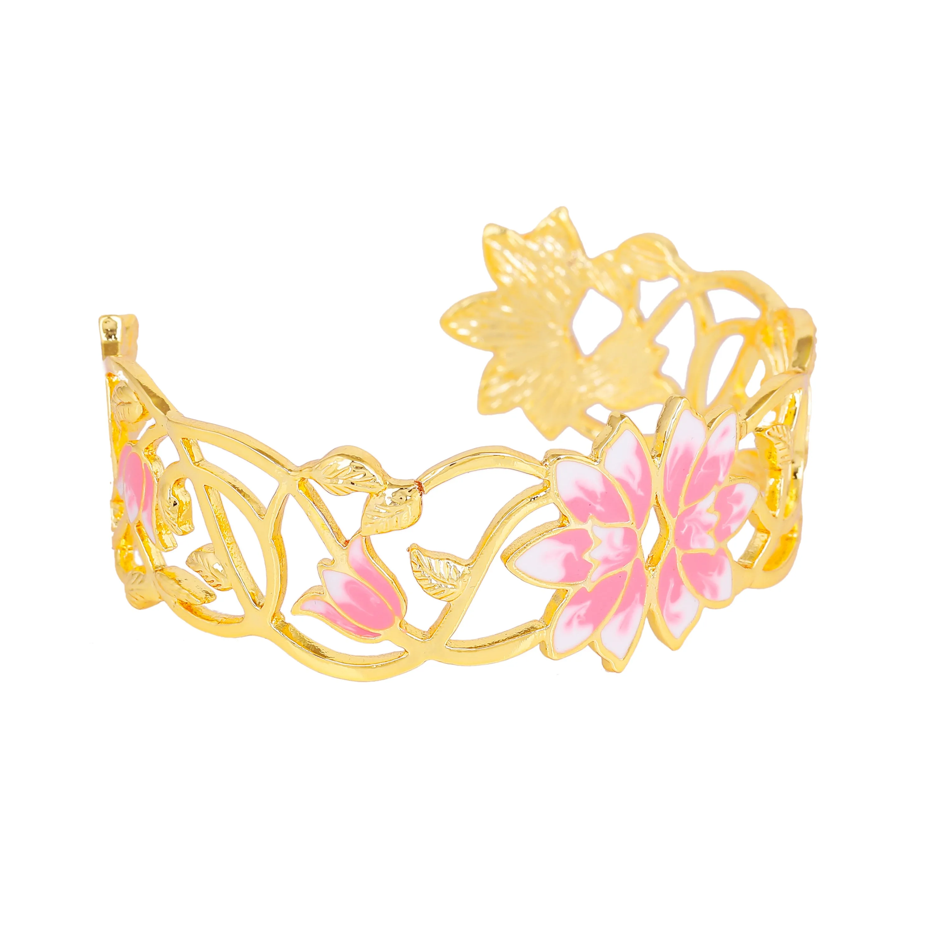 Estele Gold Plated Fascinating Lotus Designer Cuff Bracelet with Pink Enamel for Girl's & Women