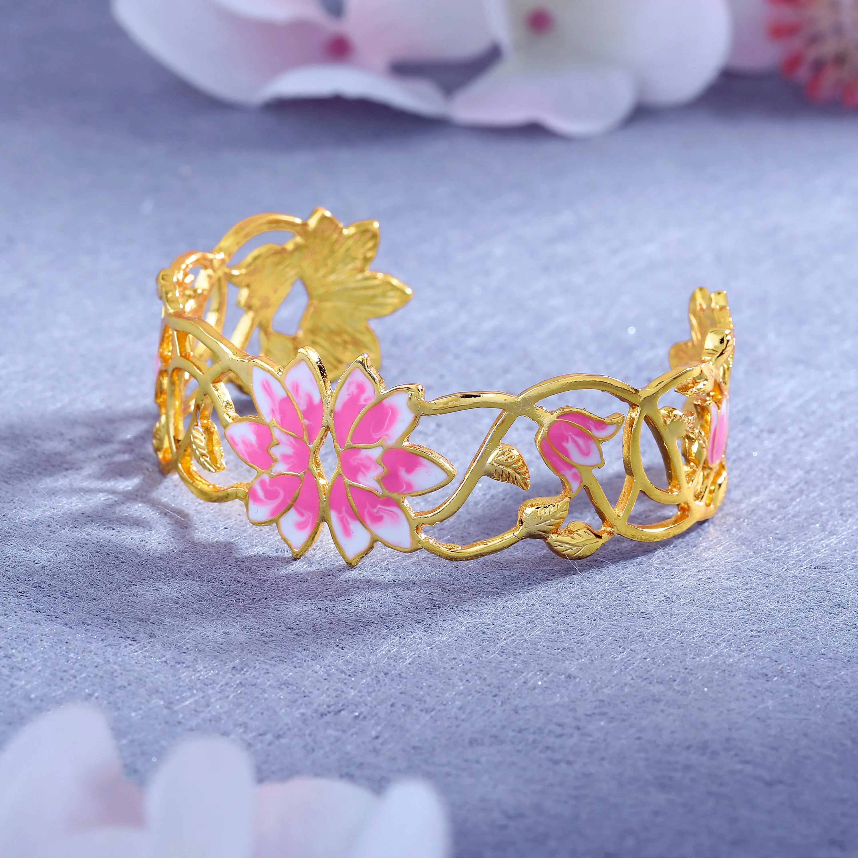 Estele Gold Plated Fascinating Lotus Designer Cuff Bracelet with Pink Enamel for Girl's & Women