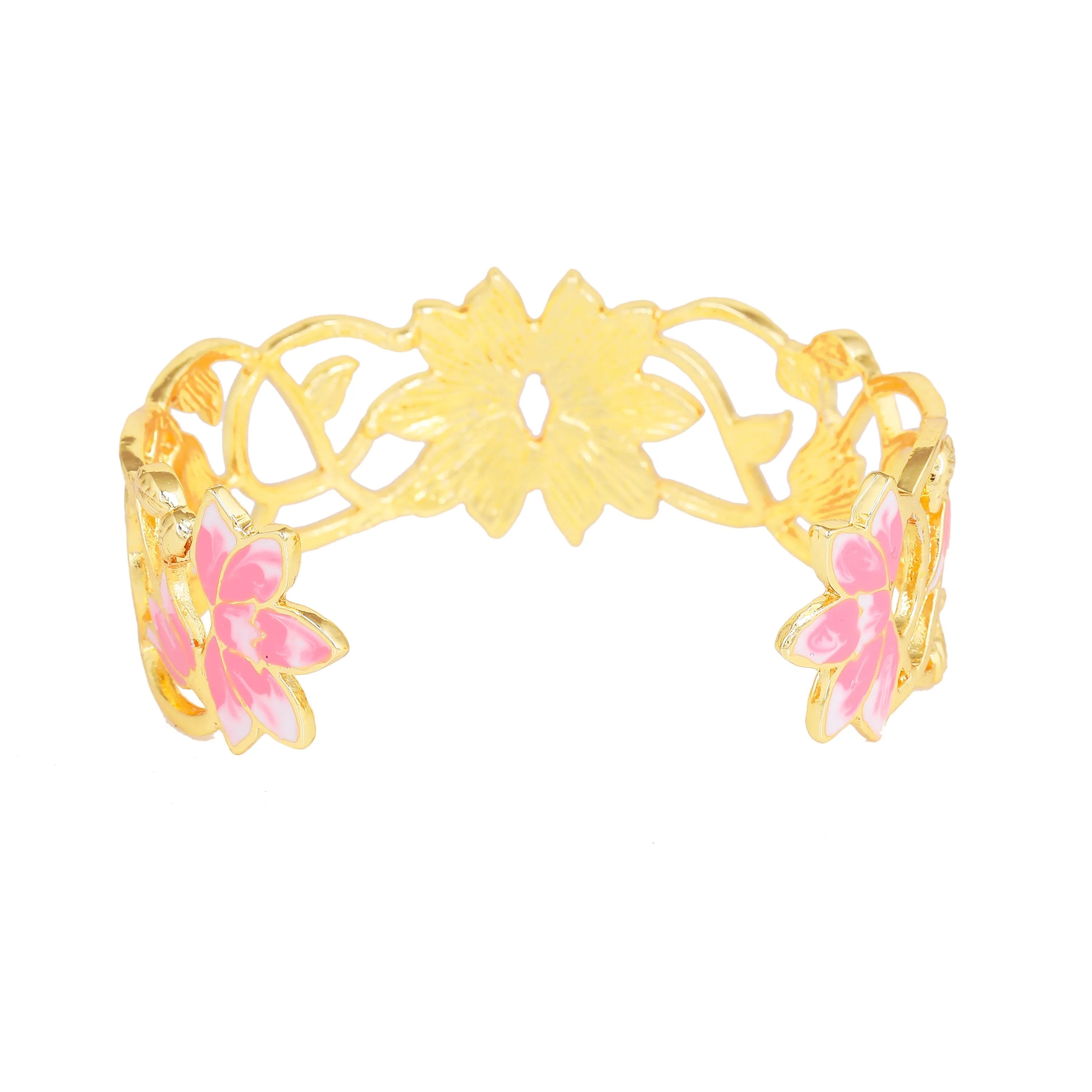 Estele Gold Plated Fascinating Lotus Designer Cuff Bracelet with Pink Enamel for Girl's & Women