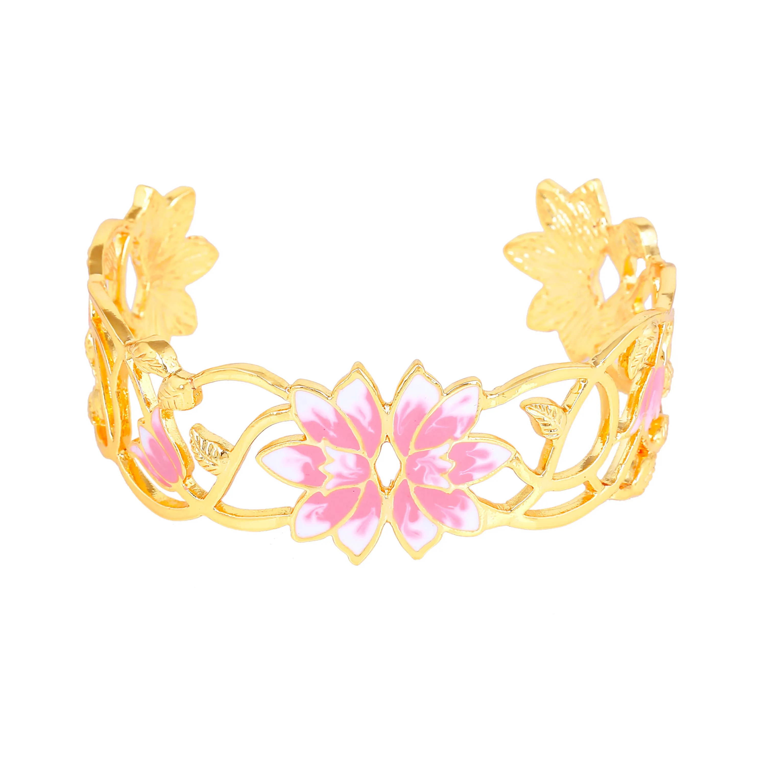 Estele Gold Plated Fascinating Lotus Designer Cuff Bracelet with Pink Enamel for Girl's & Women