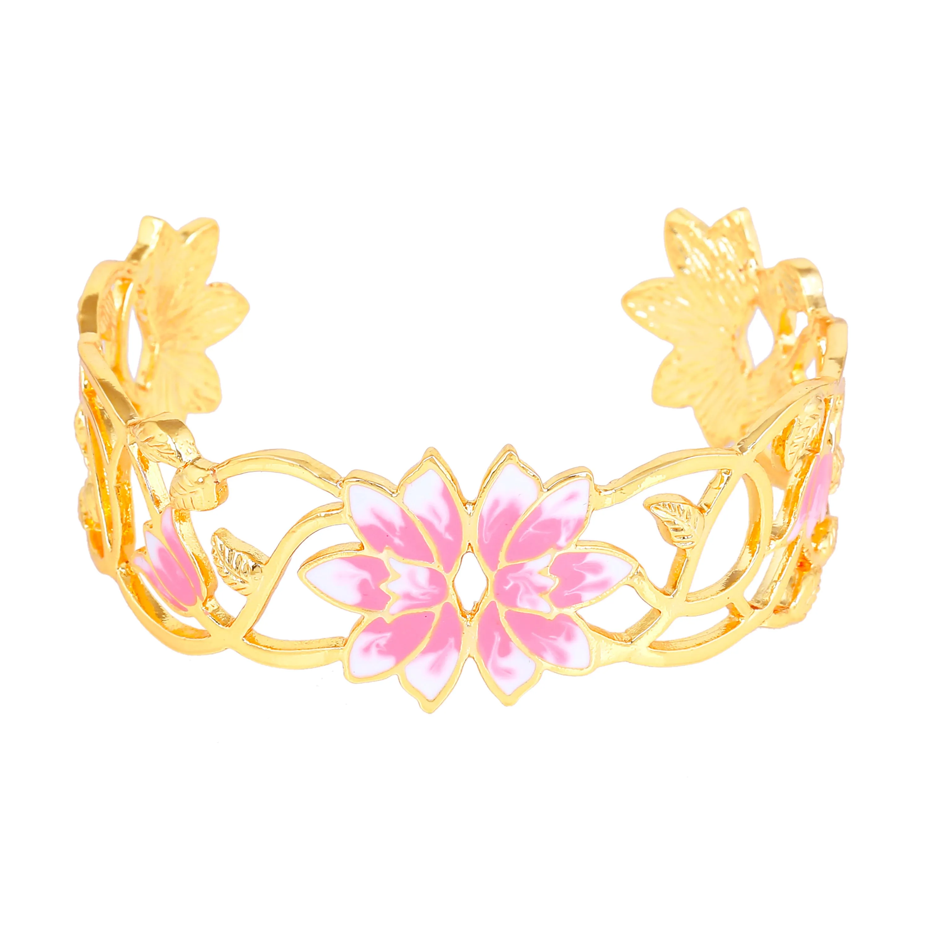 Estele Gold Plated Fascinating Lotus Designer Cuff Bracelet with Pink Enamel for Girl's & Women