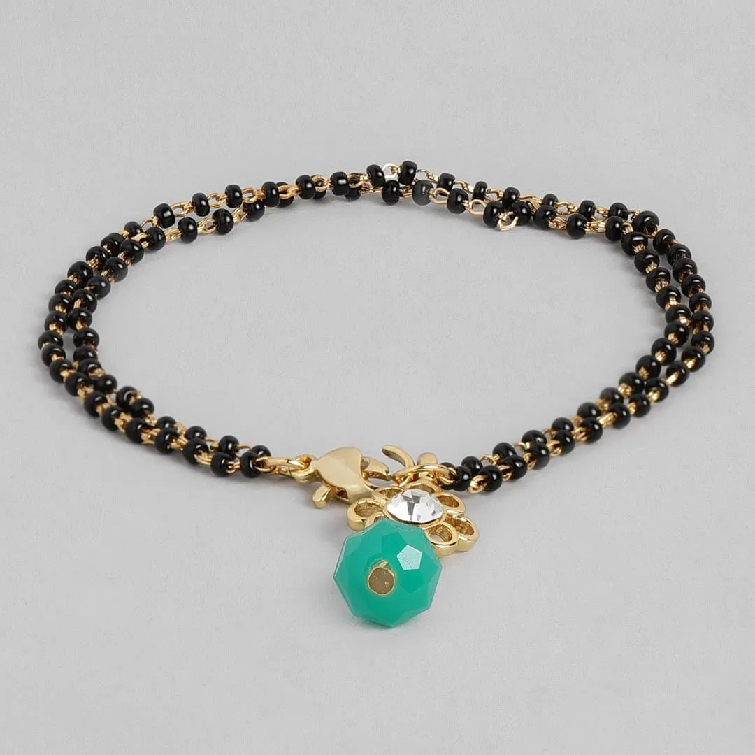 Estele Gold Plated Floret Designer Black & Green Beads Bracelet with Austrian Crystal for Women