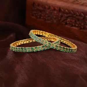 Estele Gold Plated Intricate Leafy Designer 2:6 Size Bangles with Green American Diamonds | Graceful Designer Jewelry for Women