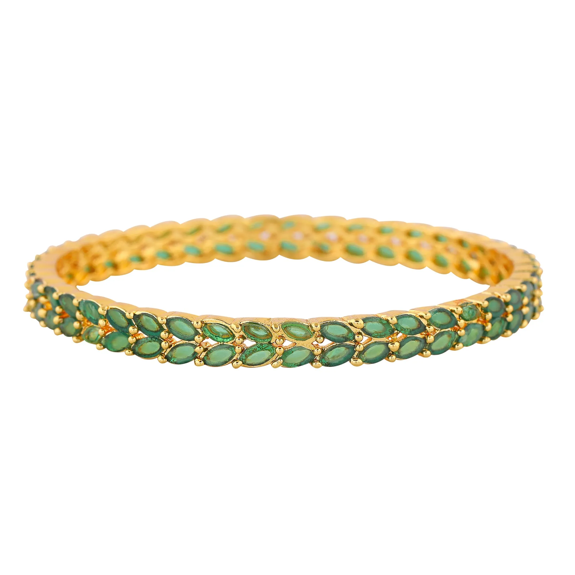 Estele Gold Plated Intricate Leafy Designer 2:6 Size Bangles with Green American Diamonds | Graceful Designer Jewelry for Women