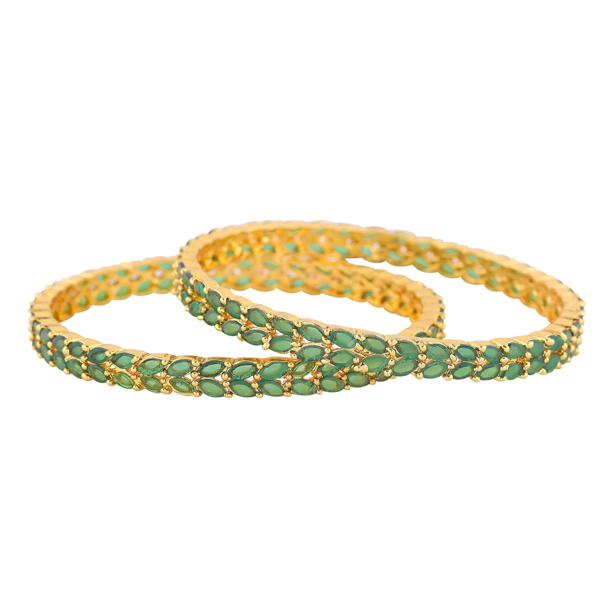 Estele Gold Plated Intricate Leafy Designer 2:6 Size Bangles with Green American Diamonds | Graceful Designer Jewelry for Women