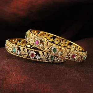 Estele Gold-Plated Multi-Color Leaf & Blossom-Design Traditional 2:6 Size Bangles for Women: Timeless Floral Elegance