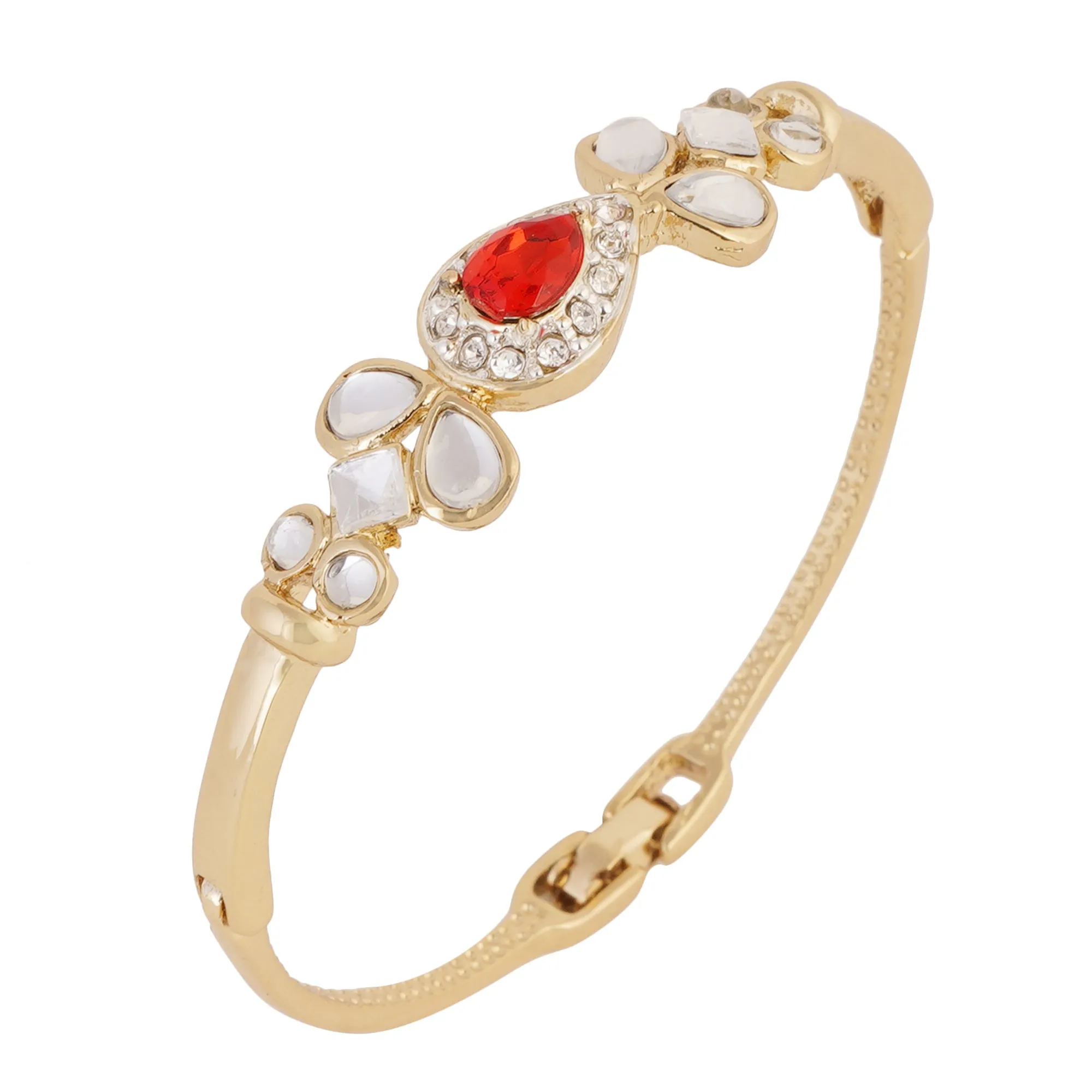 Estele Gold Plated Ruby Halo Regal Kundan Cuff Bracelet for women