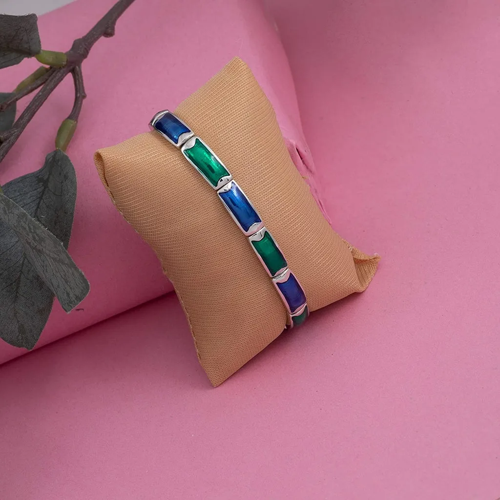 Estele Rhodium Plated Blue and Green Enamel Cuff Bracelet for women