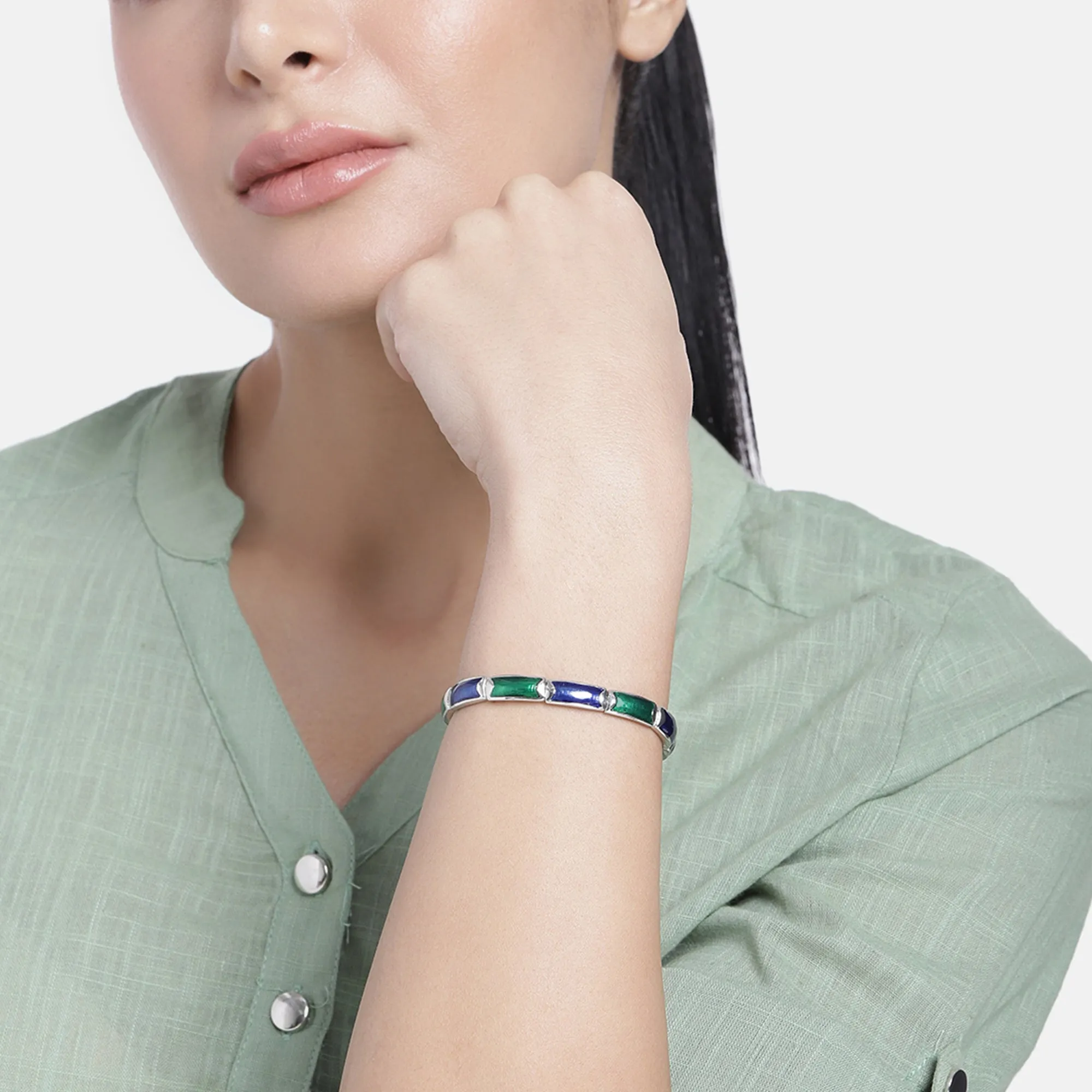 Estele Rhodium Plated Blue and Green Enamel Cuff Bracelet for women
