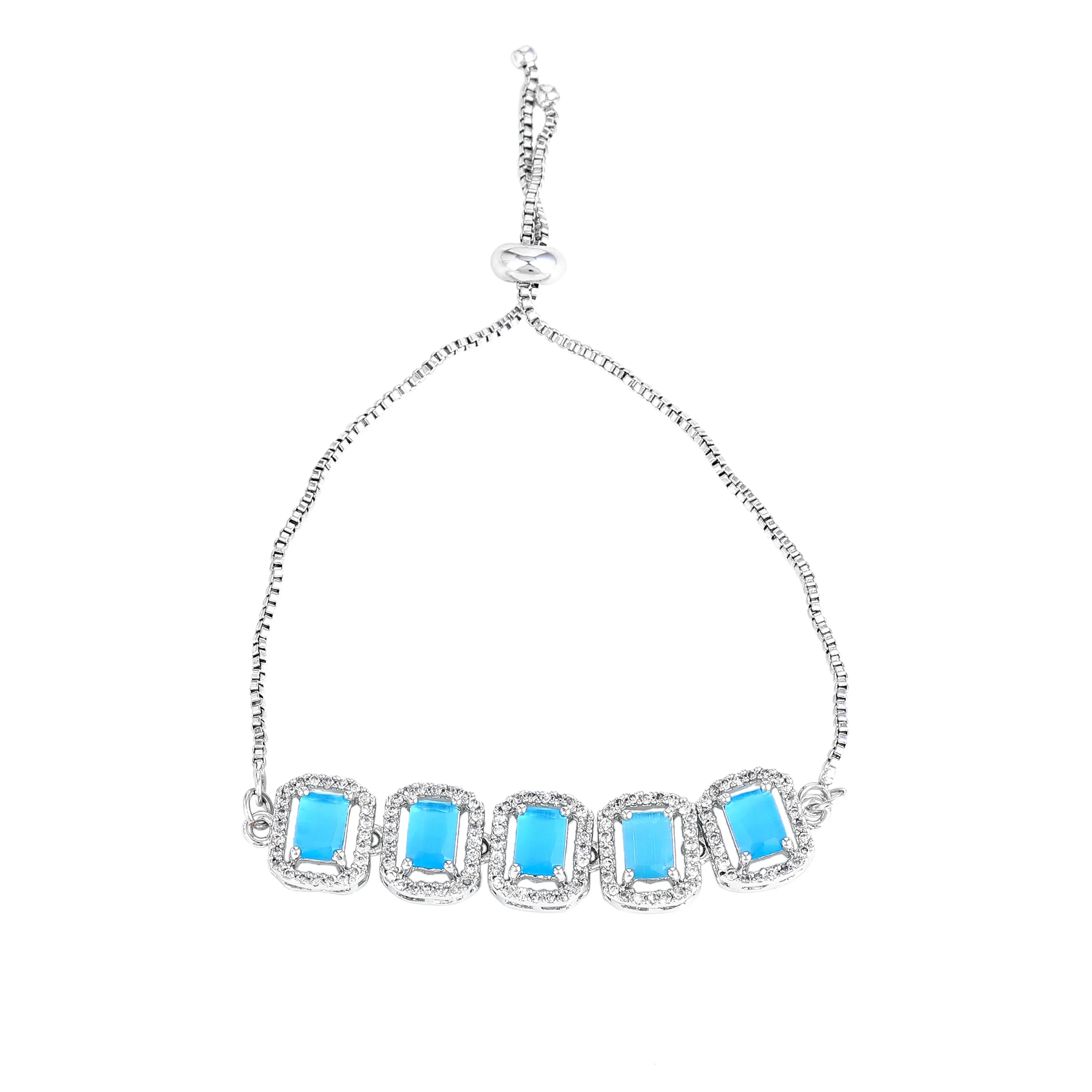 Estele Rhodium Plated CZ Ossum Octagon Bracelet with Mint Blue Stones for Women