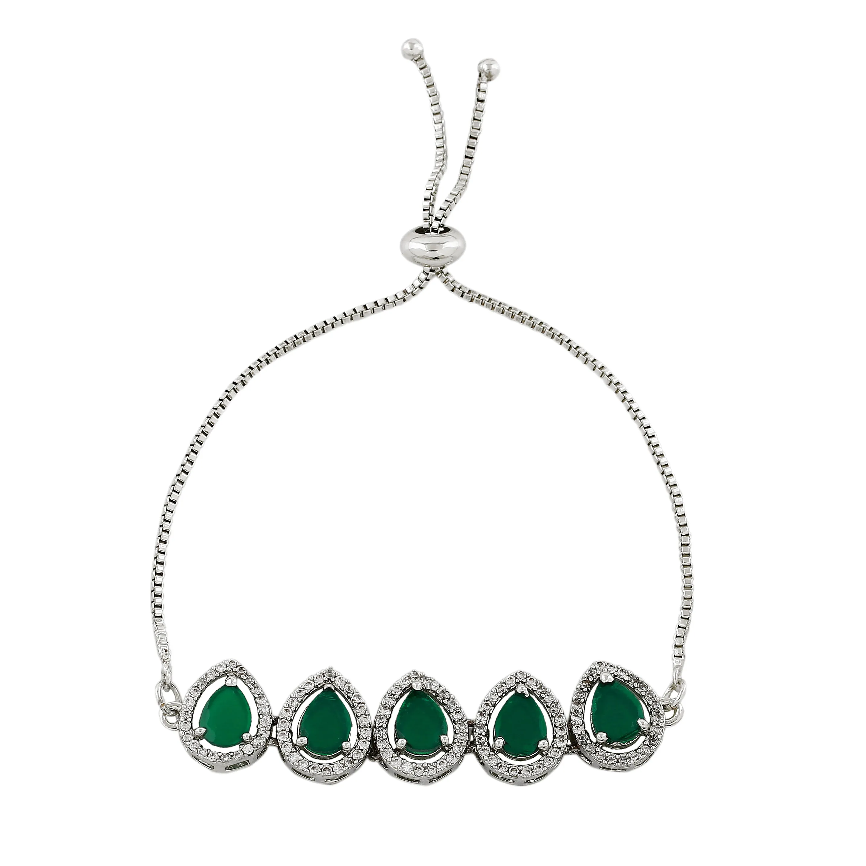 Estele Rhodium Plated CZ Precious Pears Bracelet with Emerald for Women