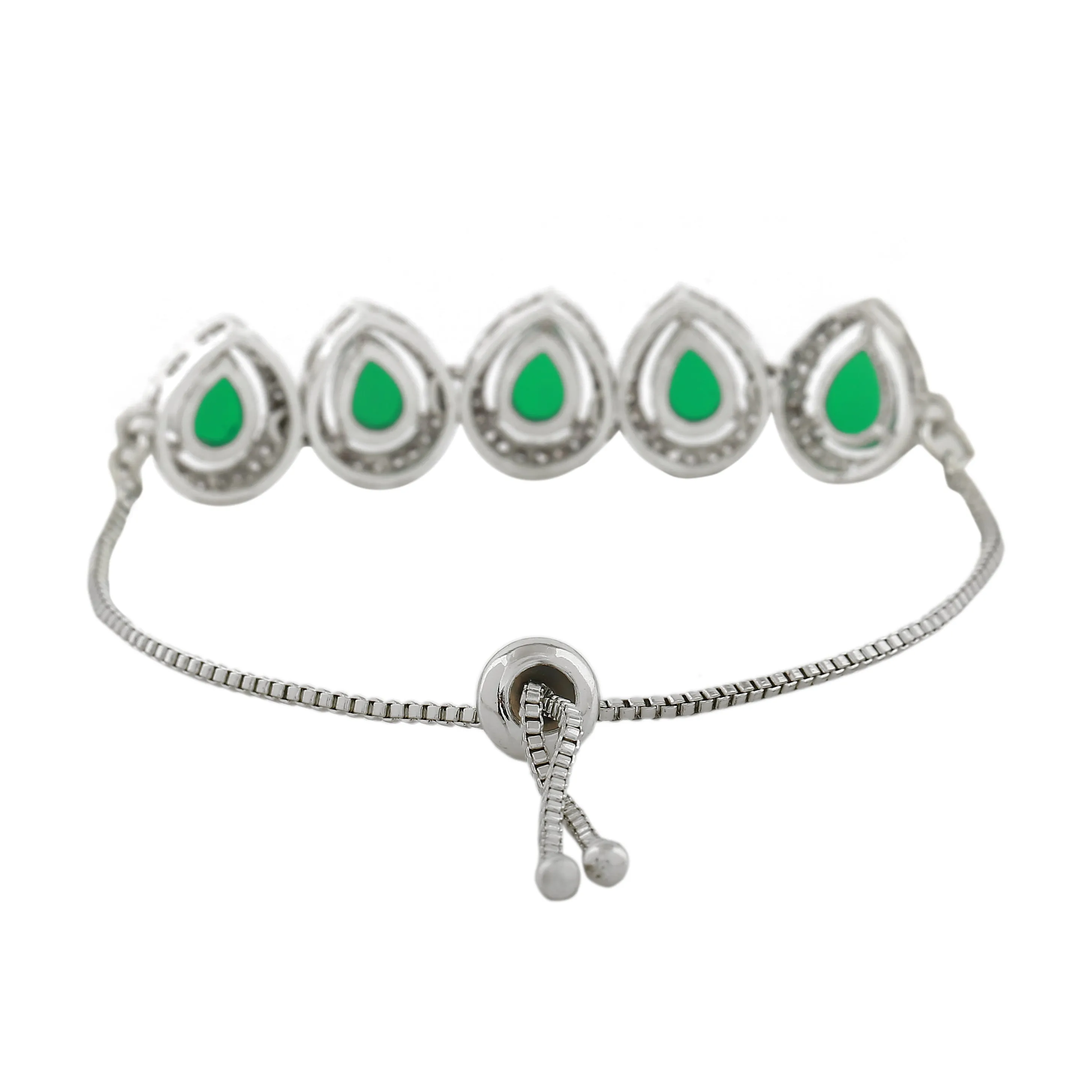 Estele Rhodium Plated CZ Precious Pears Bracelet with Emerald for Women