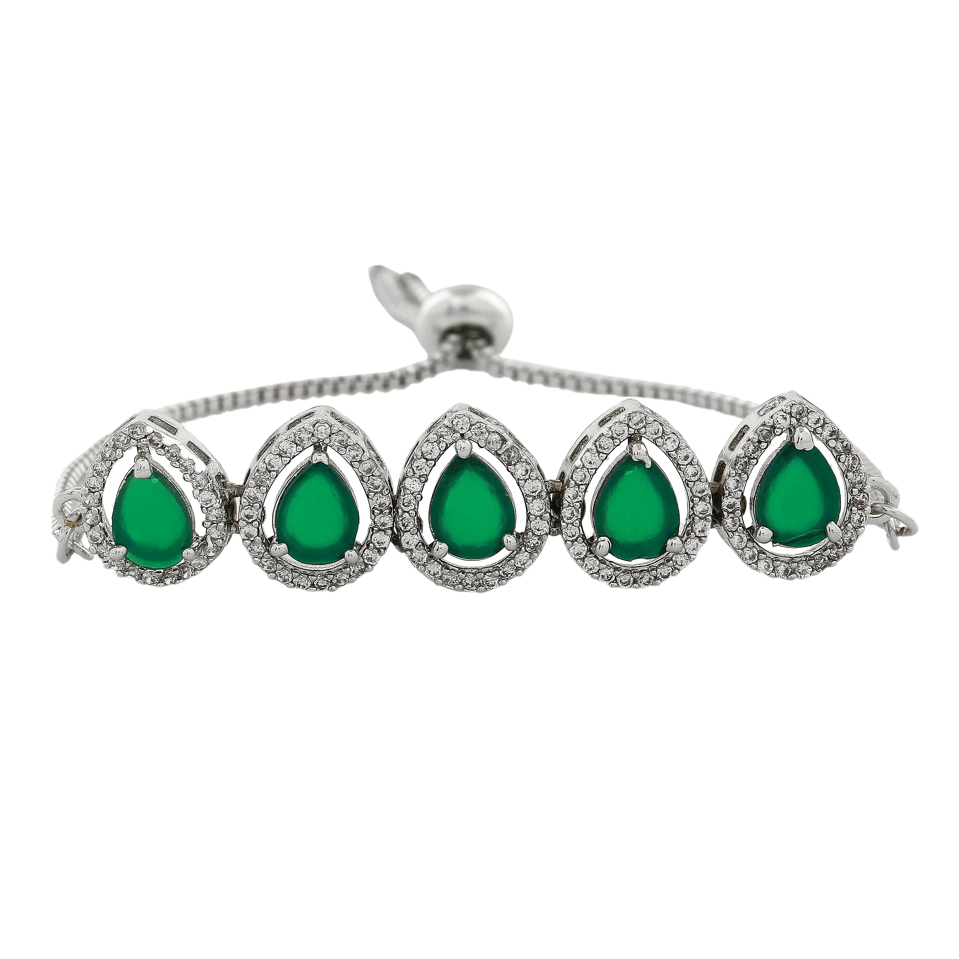 Estele Rhodium Plated CZ Precious Pears Bracelet with Emerald for Women