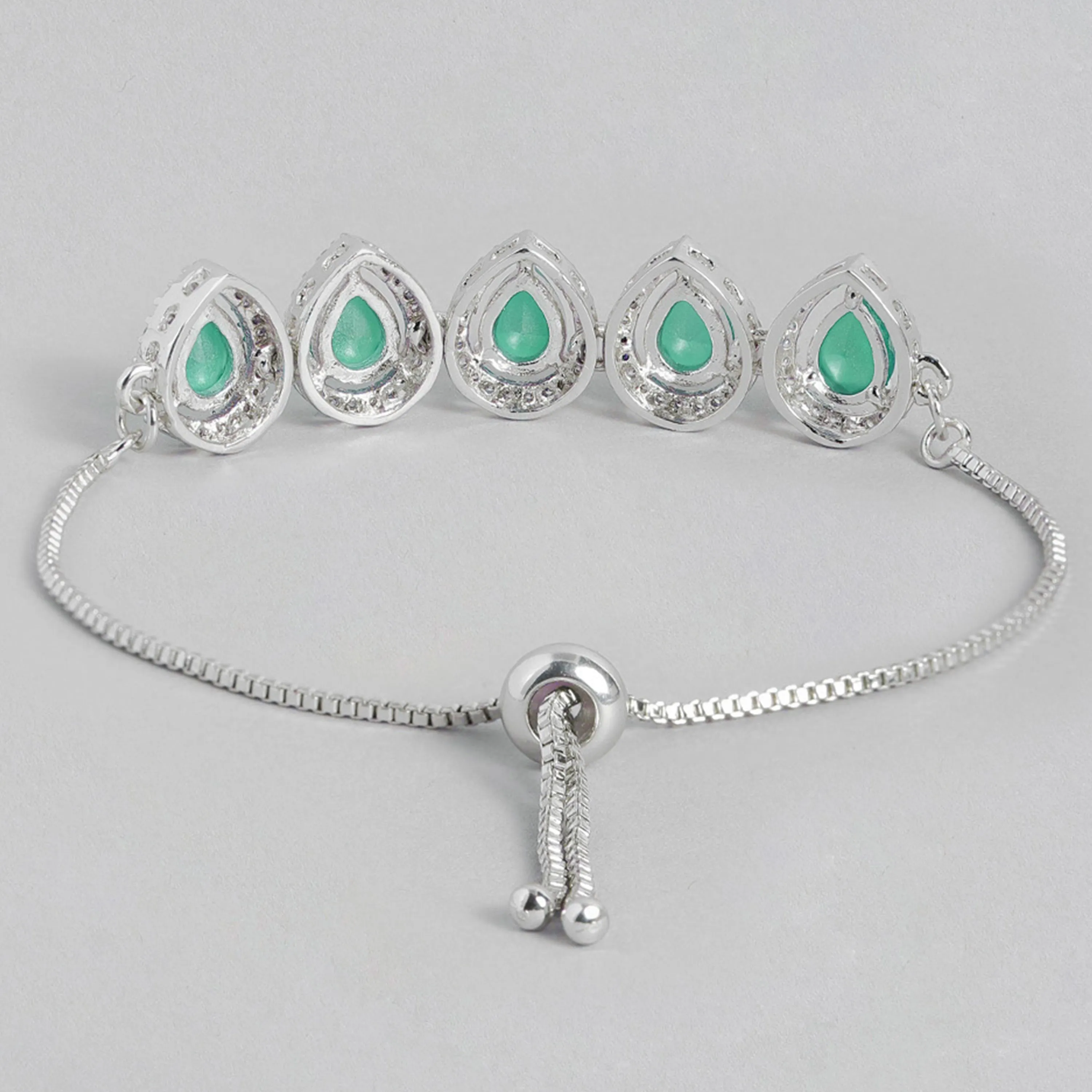 Estele Rhodium Plated CZ Precious Pears Bracelet with Emerald for Women