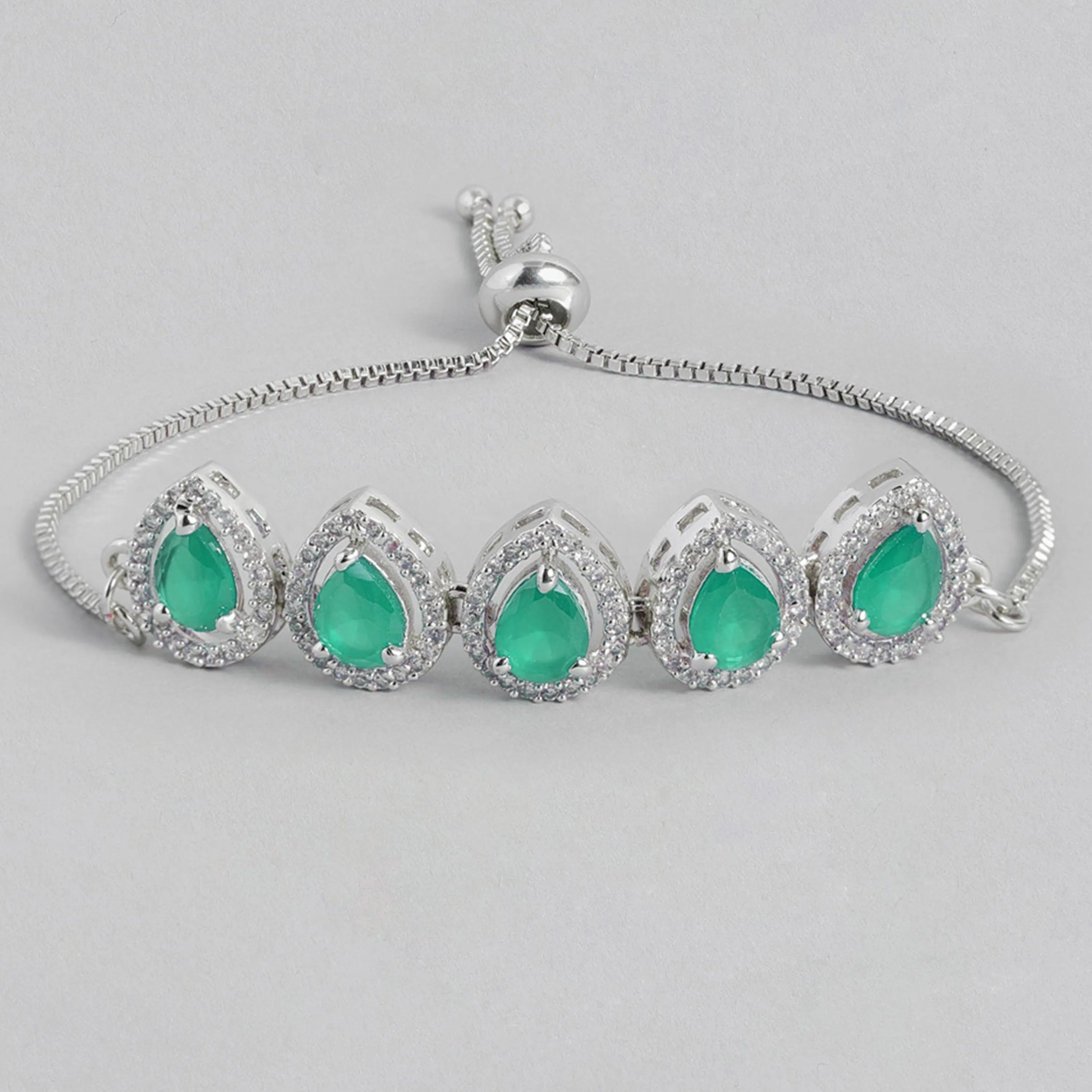 Estele Rhodium Plated CZ Precious Pears Bracelet with Emerald for Women